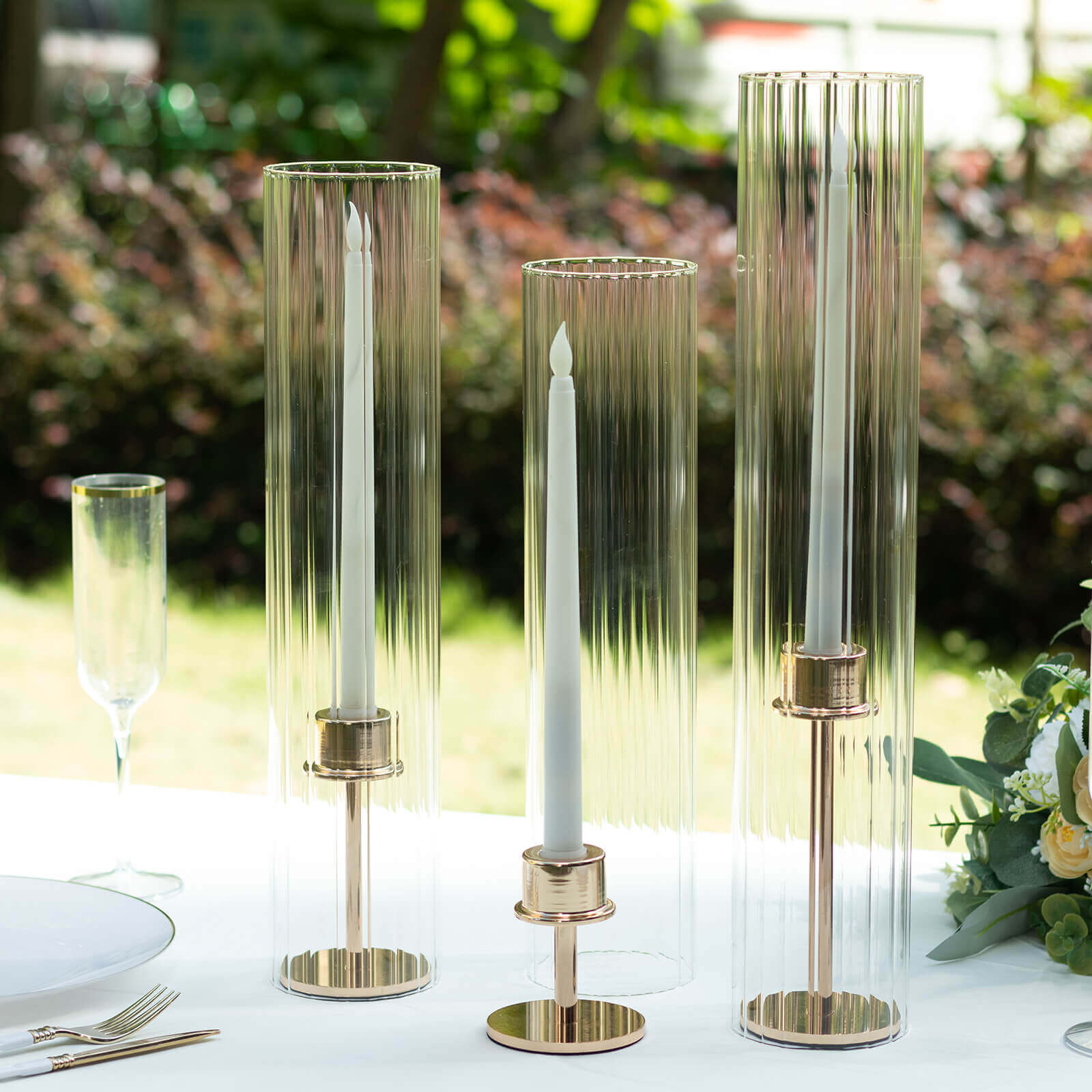 Set of 3 Clear Ribbed Glass Hurricane Shades Open End Design - Stylish Candelabra Pillar Candle Holder Table Centerpiece 15", 17", 19"