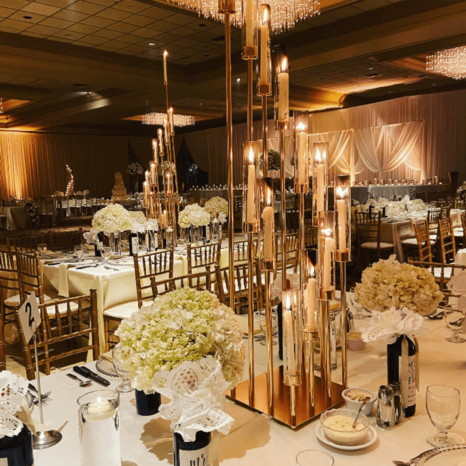 12-Arm Cluster Taper Candle Holder Gold with Clear Glass Shades - Grand Candle Arrangement for Events 57"