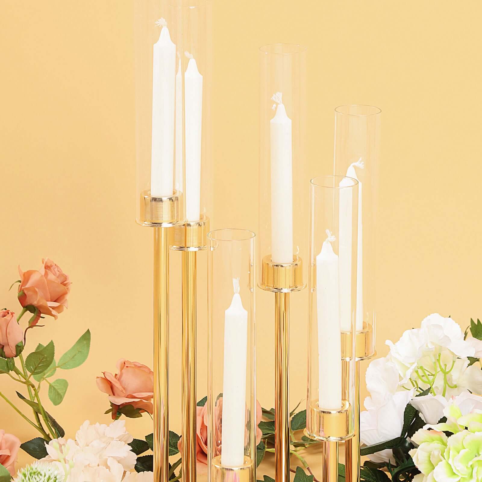 6-Arm Cluster Taper Candle Holder Gold with Clear Glass Shades - Sleek Candle Display for Gatherings 24"
