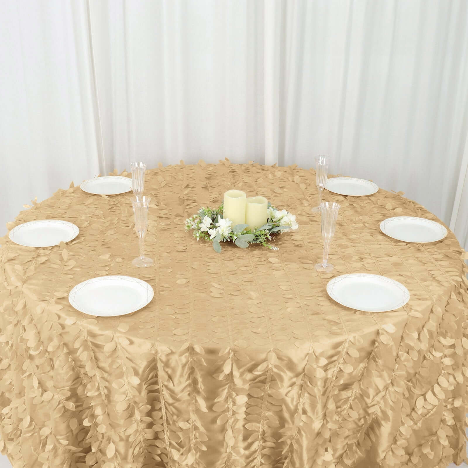 Taffeta 132" Round Tablecloth Champagne Leaf | 3D Leaf Petal Design Seamless Table Cover