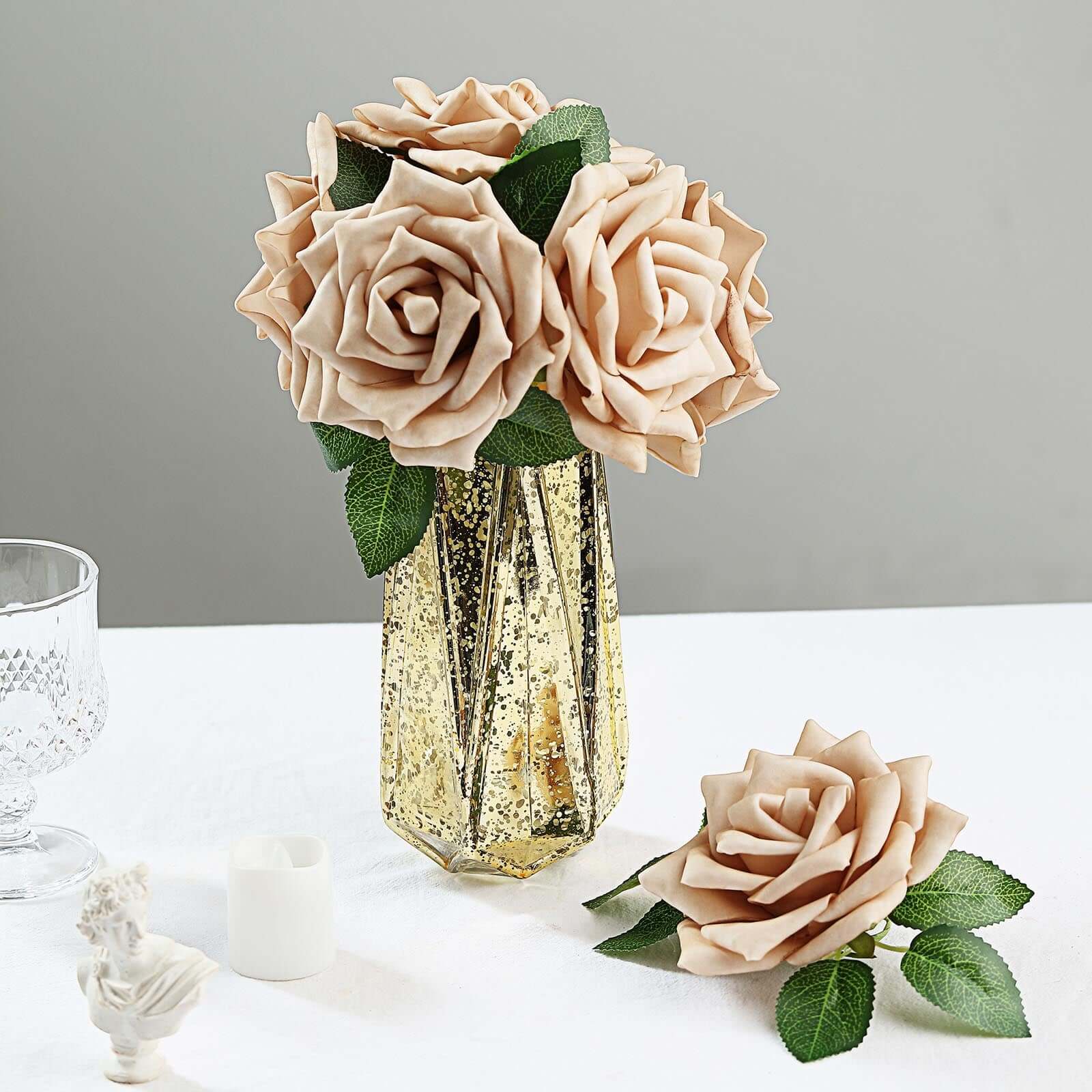24 Roses 5" Champagne Artificial Foam Flowers With Stem Wire and Leaves