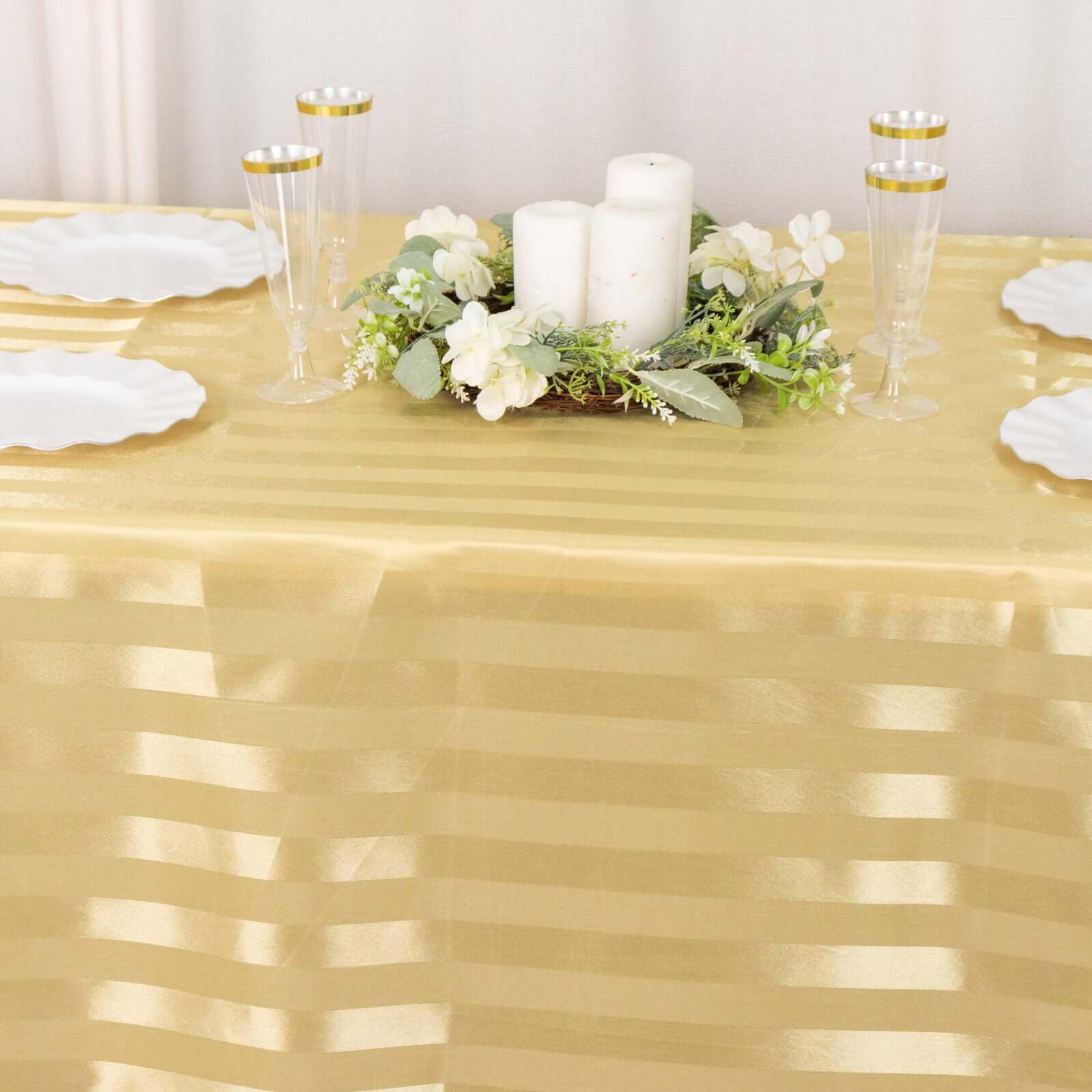 Satin Striped 90"x132" Rectangular Tablecloth Champagne Satin Stripe - Seamless Silky Smooth Table Cover