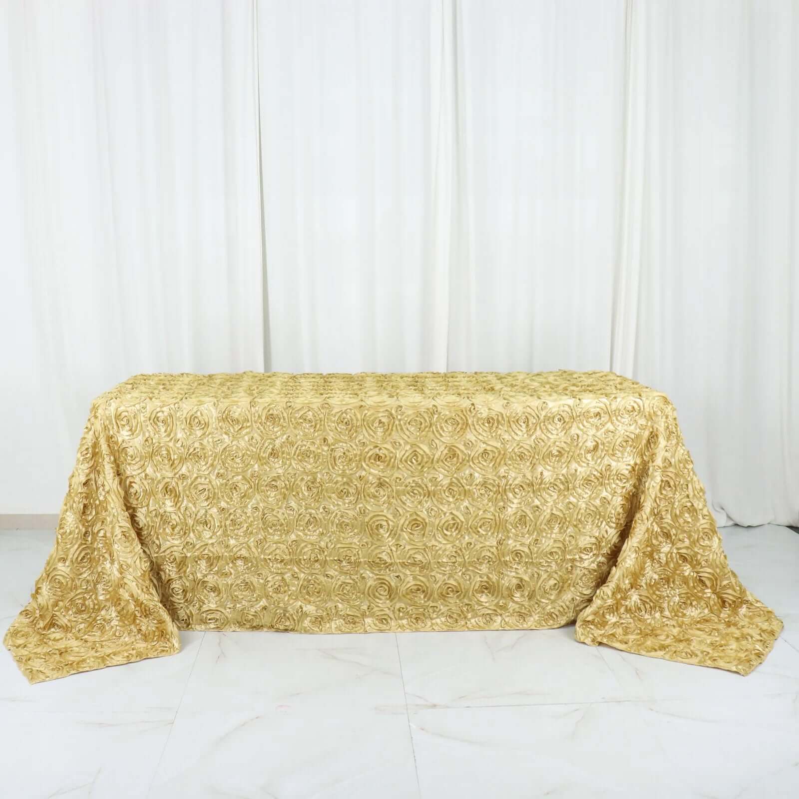 Satin 90"x132" Rectangle Tablecloth Champagne - Grandiose 3D Rosette Seamless Table Cover
