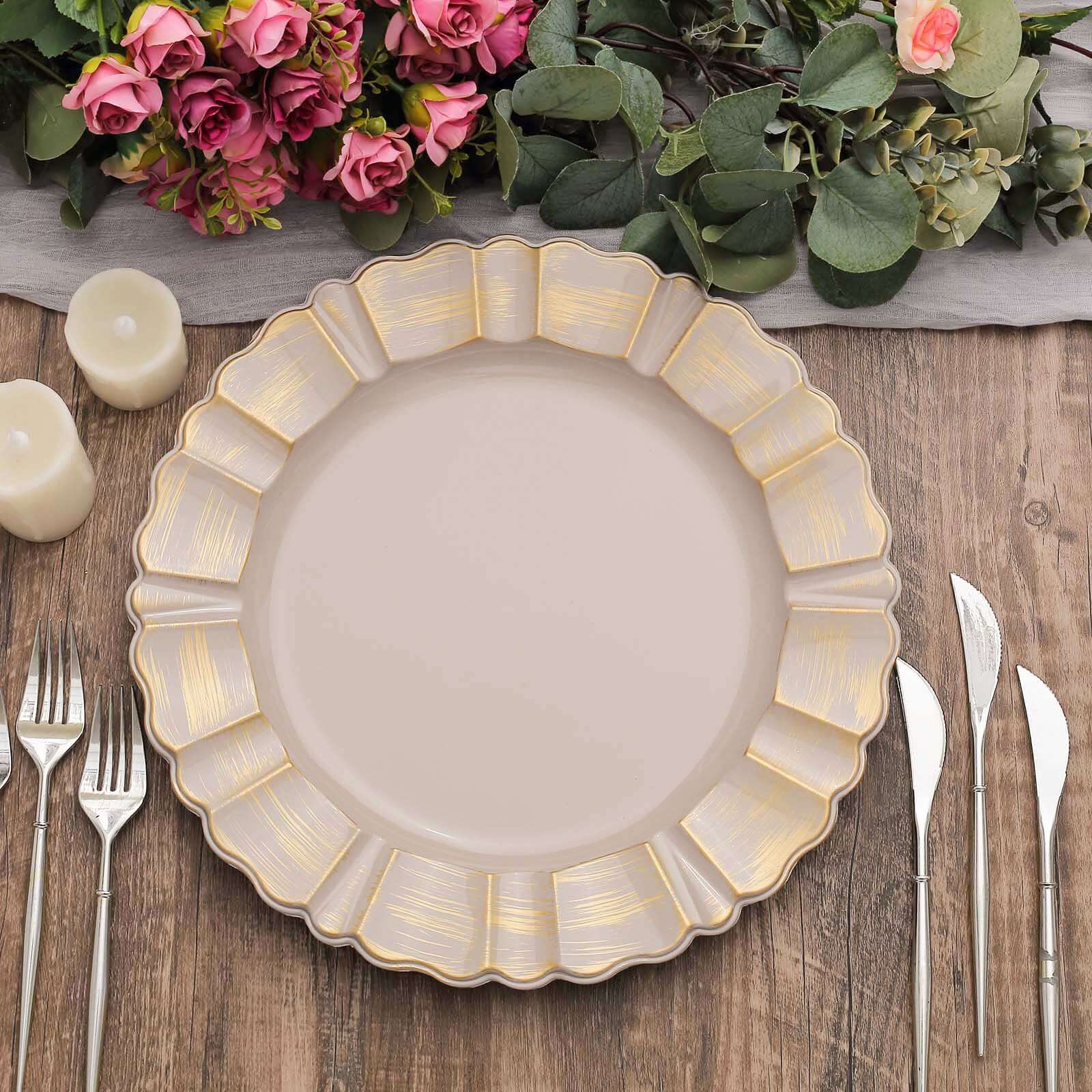 6-Pack Acrylic Plastic Round Charger Plates 13" in Nude Taupe with Gold Brushed Wavy Scalloped Rim, Decorative Dinner Party Charger Tableware