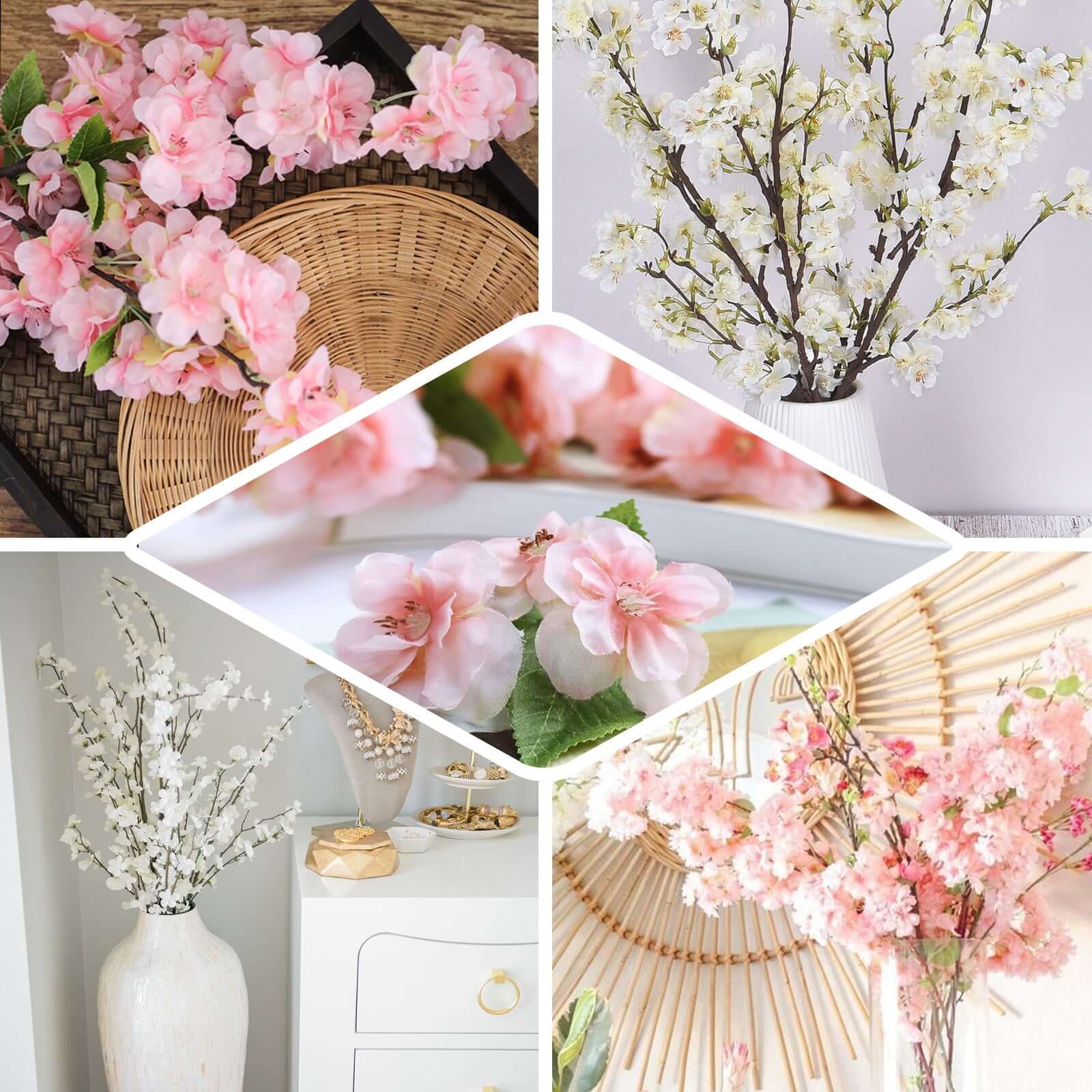 4 Bushes 40" Tall Cream Artificial Silk Cherry Blossom Flowers, Branches