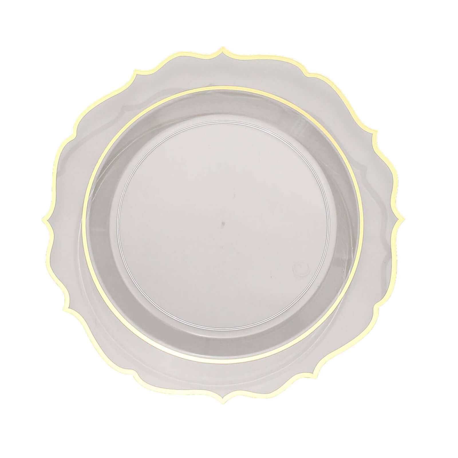 10-Pack Plastic 8" Round Desert Plates in Clear with Gold Scalloped Rim - Disposable Appetizer/Salad Plates