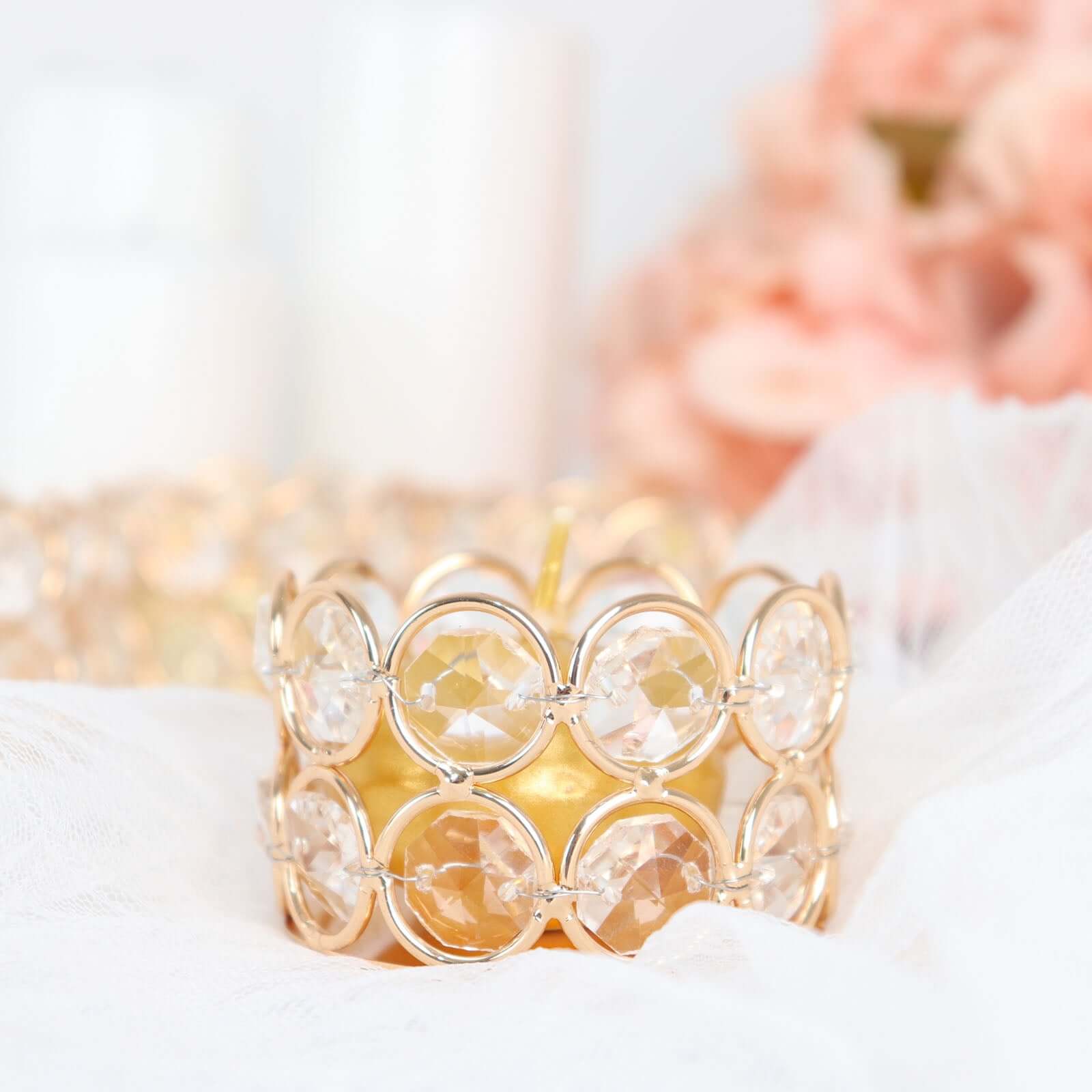 6-Pack Crystal Beaded Tea Light Candle Holders Gold Metal 1.5" - Stylish Votive Candle Stands for Weddings
