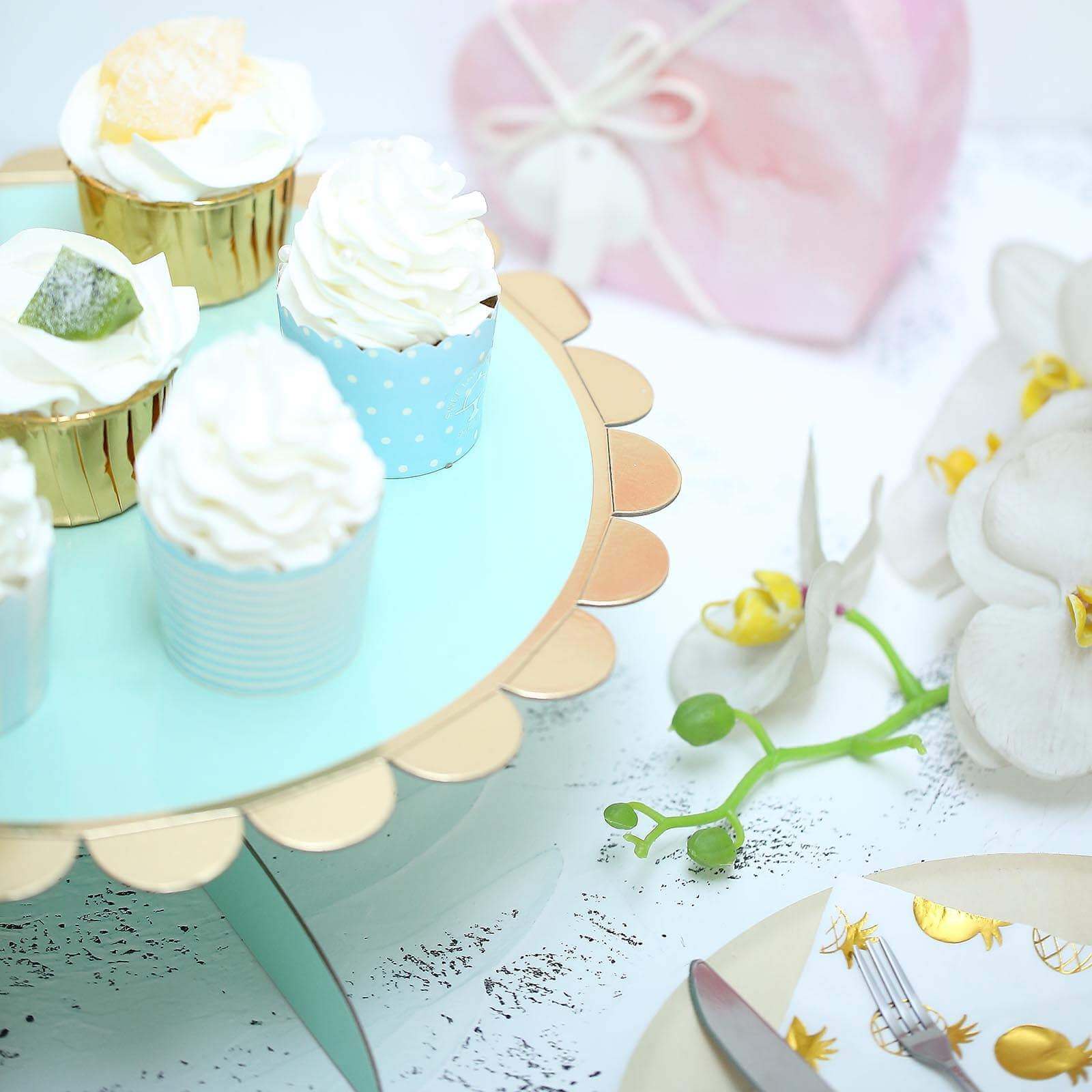 1-Tier Cardboard Cake Stand Mint - Stylish Reusable Cupcake Dessert Holder with Gold Scalloped Rim for Baby Showers Birthdays & Events 13"