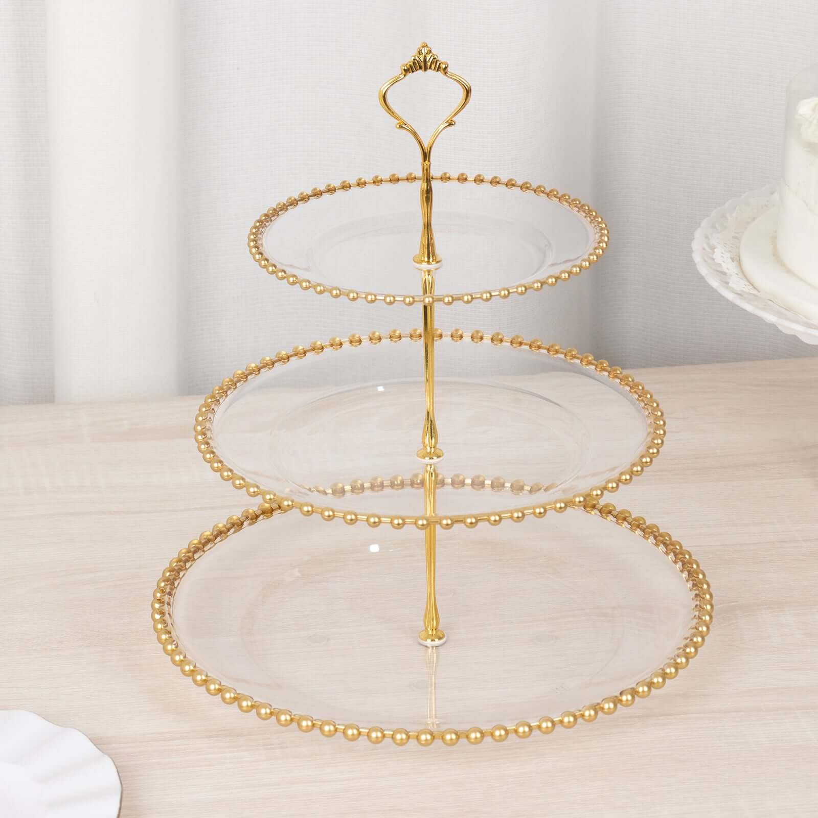 3-Tier Plastic Round Cupcake Tower Stand Clear - Versatile Dessert Display Tea Party Serving Platter with Gold Beaded Rim & Top Handle 14"