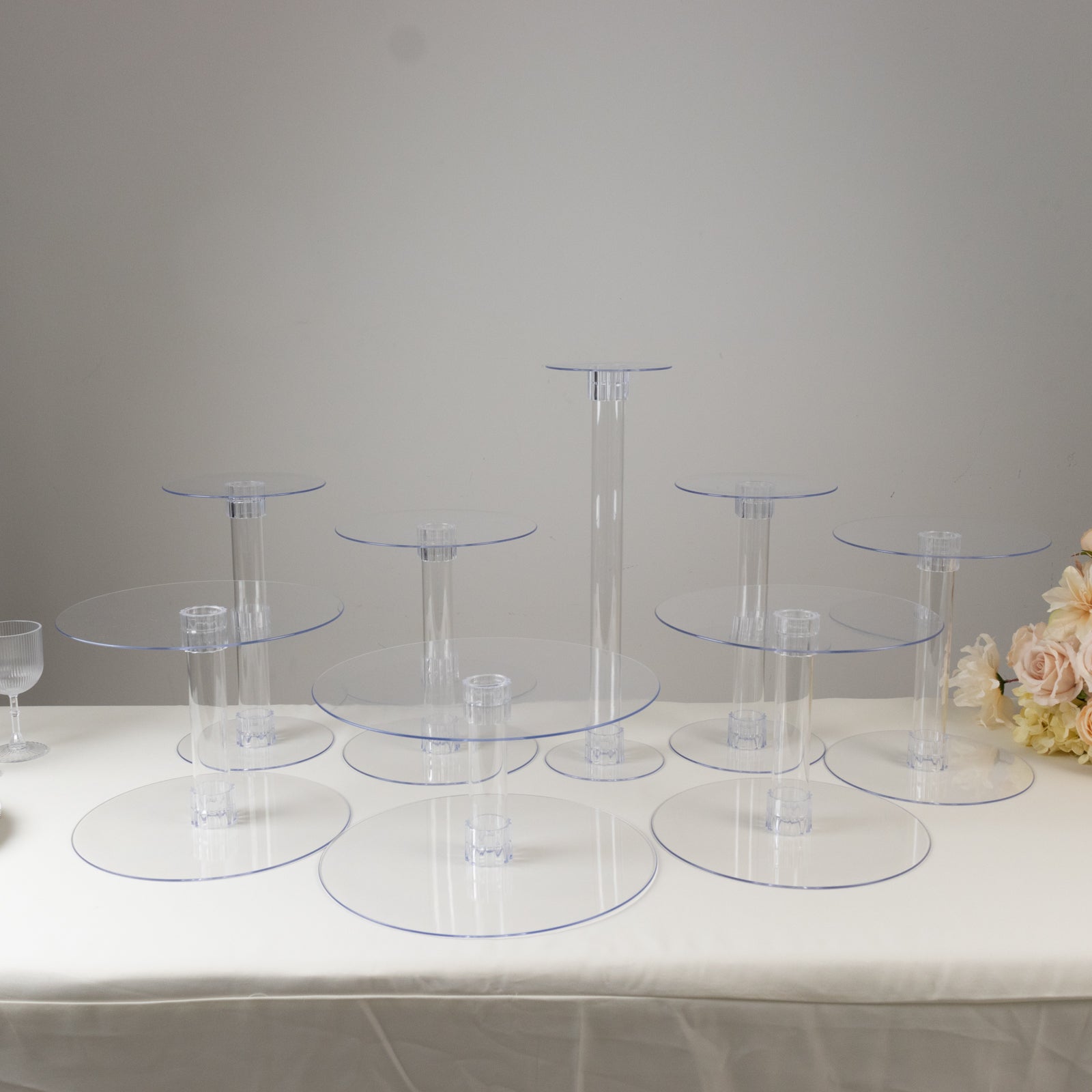 8-Tier Acrylic Cake Stand Set Clear - Sturdy & Lightweight Cupcake Holder Dessert Pedestal Centerpiece Risers in Assorted Sizes for Modern Minimalist Buffet Party Tables