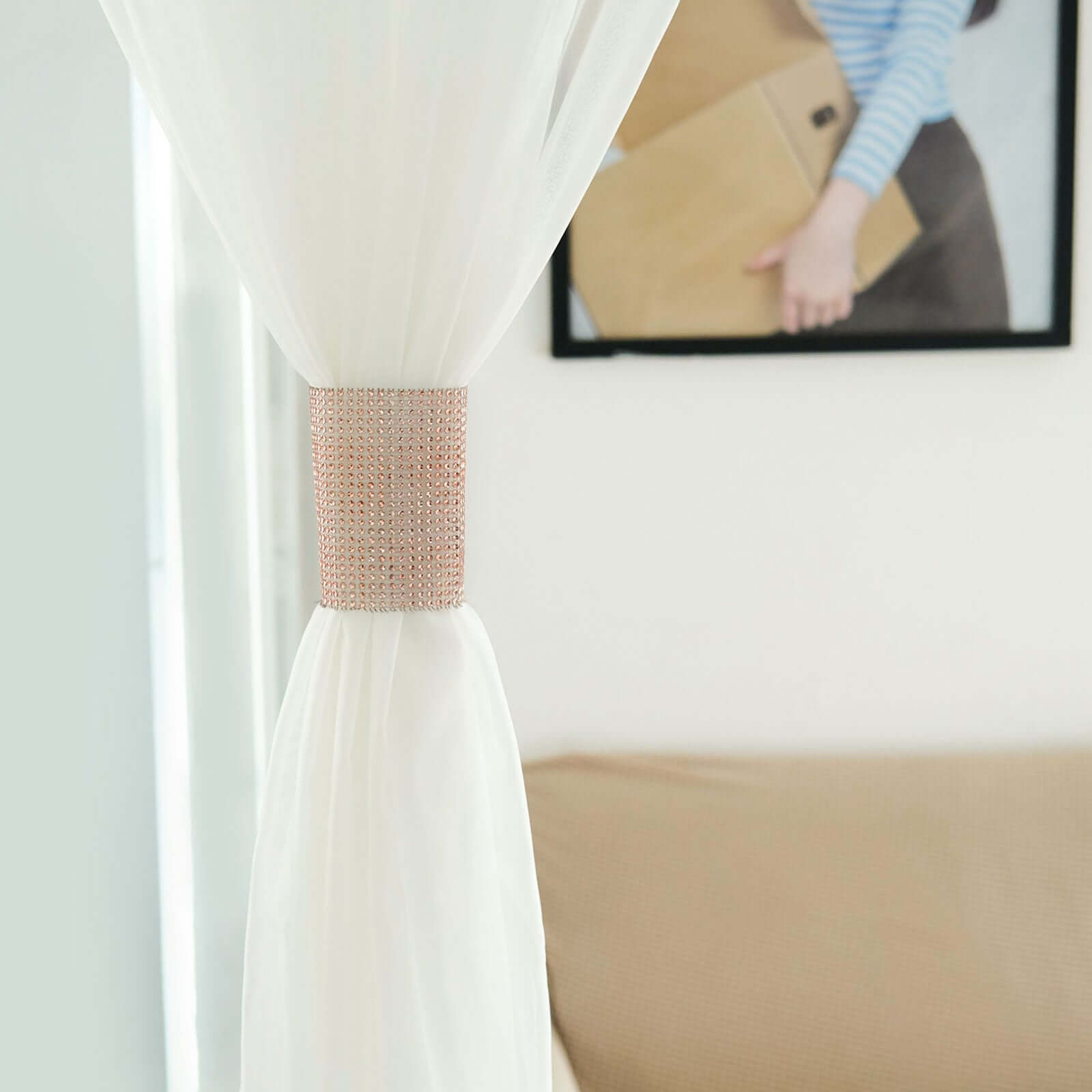4 Pack Rose Gold Rhinestone Mesh Velcro Backdrop Curtain Bands, Large Chair Sash Clip Tie Backs - 5"X10"