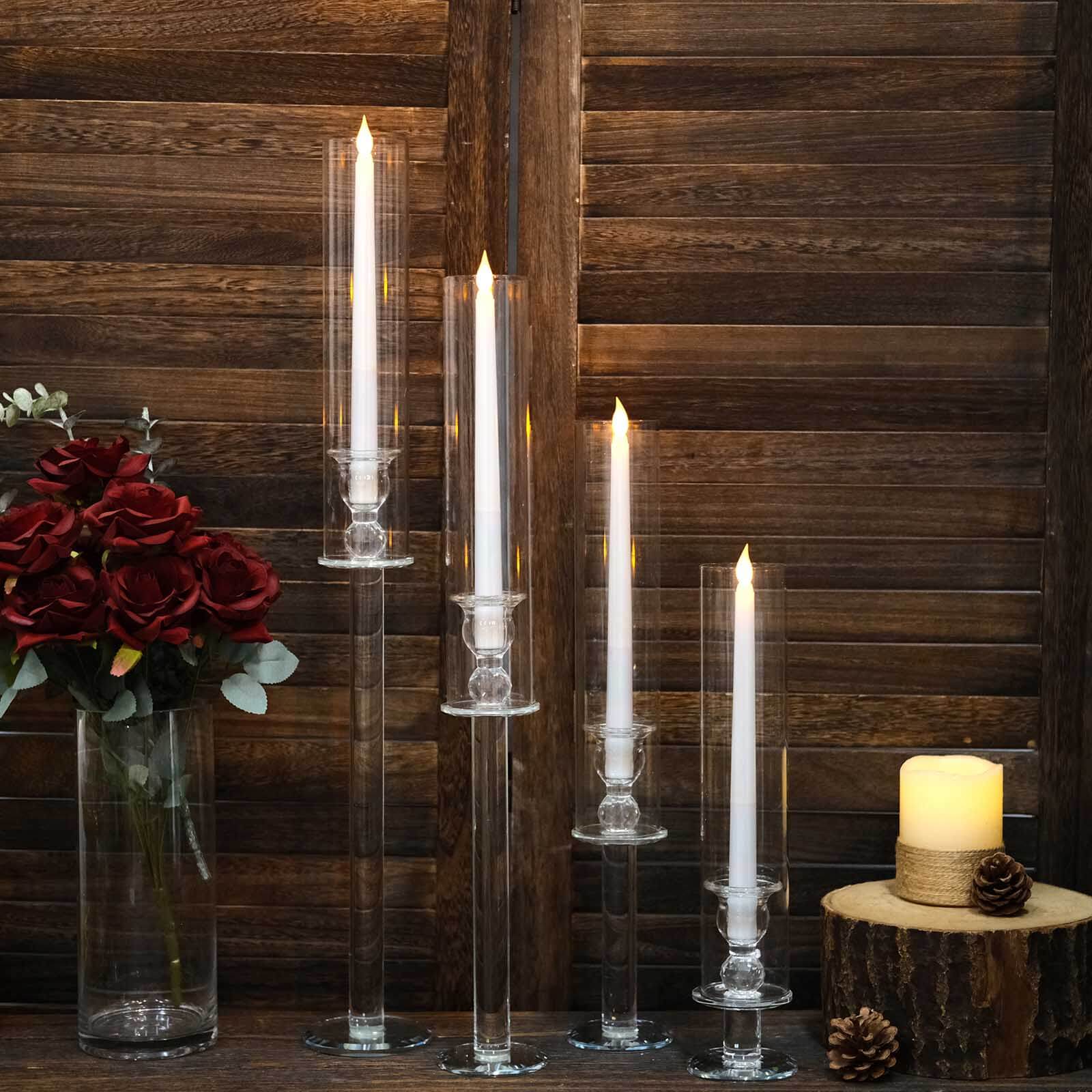 Set of 4 Crystal Glass Hurricane Taper Candle Holders, Decorative Tall Candle Stands Clear Cylinder Chimney Tubes 14", 18", 22", 26"