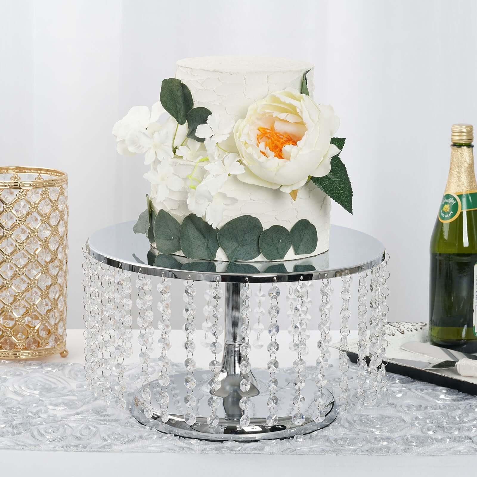 Metal Cake Stand Round Design Metallic Silver with Crystal Chains 14" Dia - Cupcake Dessert Pedestal 8" Tall