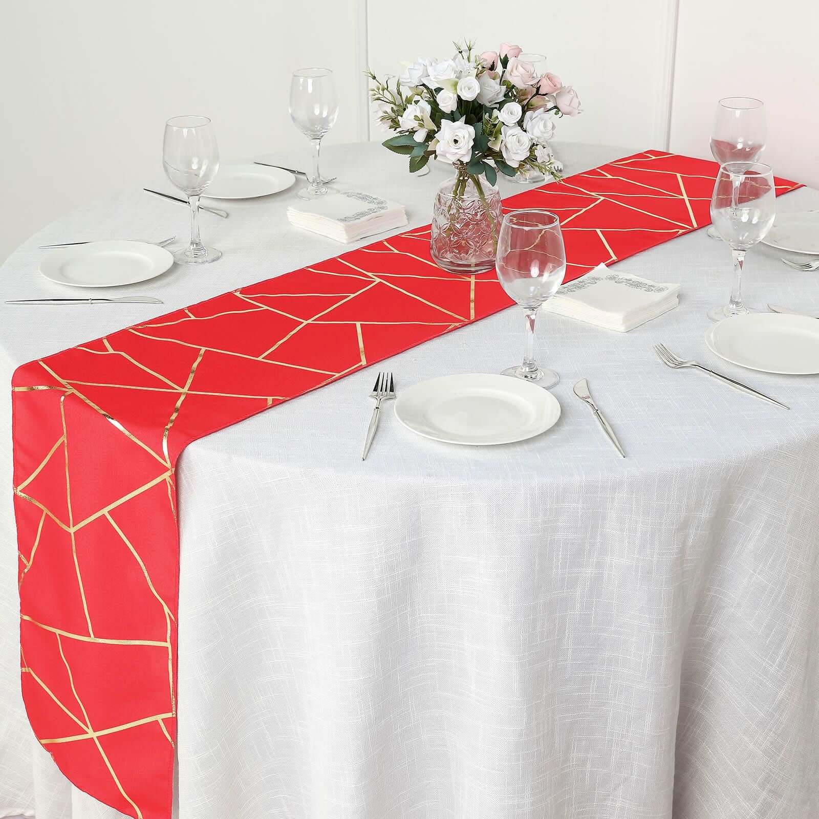 Polyester 9ft Table Runner Red with Gold Foil Modern Geometric Accent