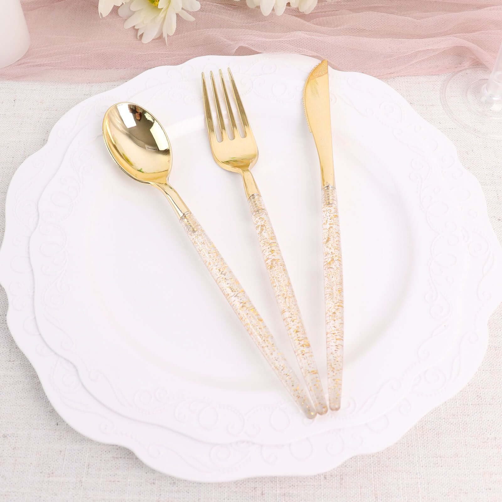24-Pack Plastic Cutlery Set Metallic Gold with Gold Glitter - Stylish Disposable Silverware-Pack 8"