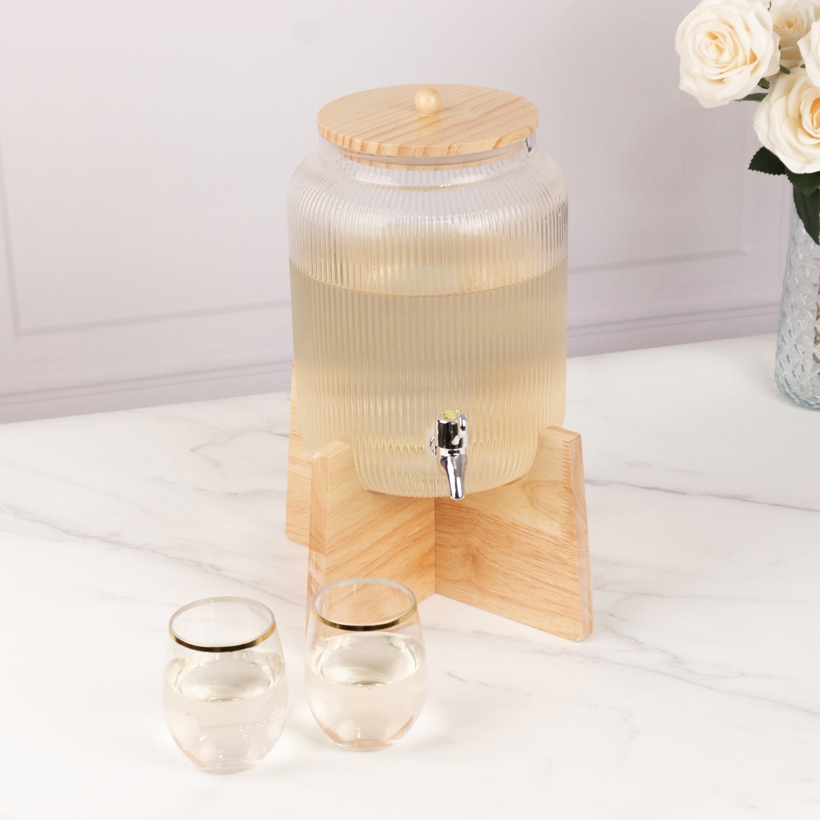 1 Gallon Clear Ribbed Glass Beverage Dispenser, Round Juice Jar with Wooden Stand and Lid - Lead-Free Countertop Feature 14"