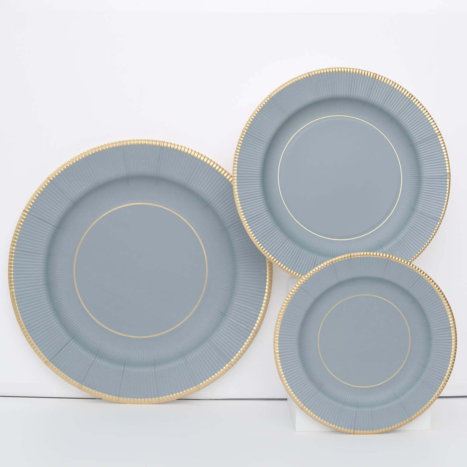 25-Pack Disposable Round Charger Plates in Dusty Blue Sunray Design with Gold Rim - 350GSM Heavy Duty Paper Chargers 13"