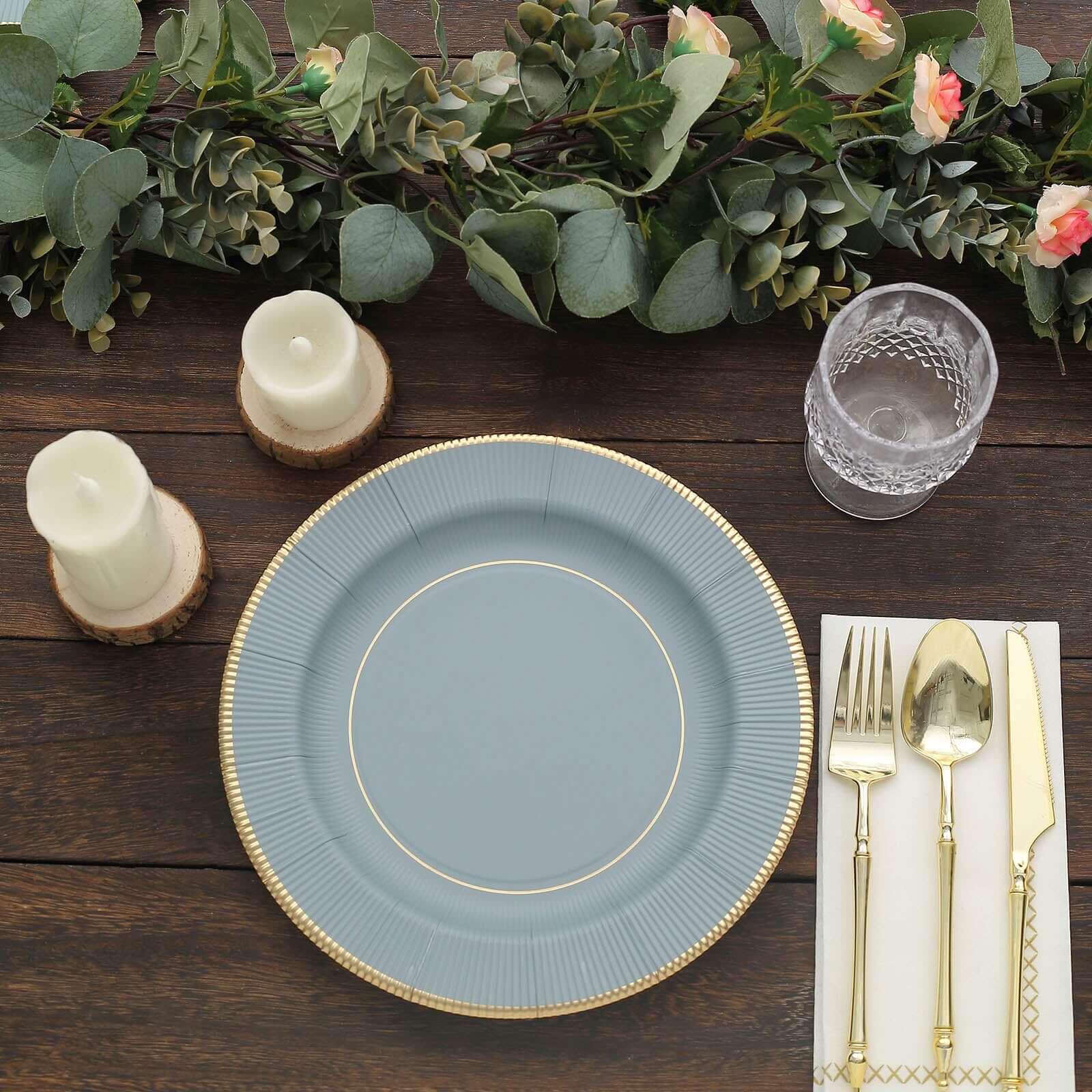 25-Pack Paper 10" Round Dinner Plates in Dusty Blue Sunray Design with Gold Rim - Disposable Heavy Duty 350GSM Party Plates