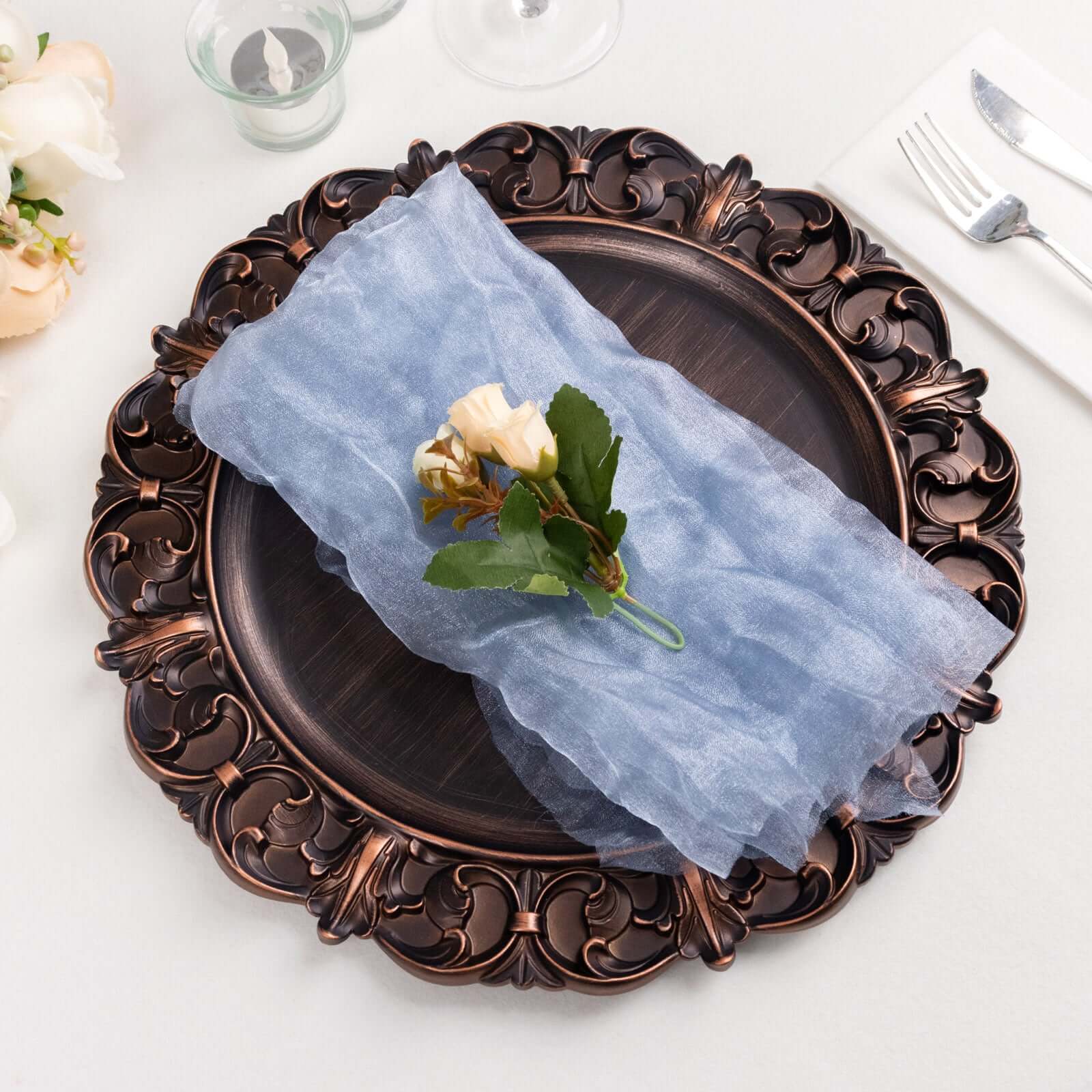 5 Pack Crinkled Organza 21"x21" Napkins Dusty Blue - Rustic Style Dinner & Party Napkins