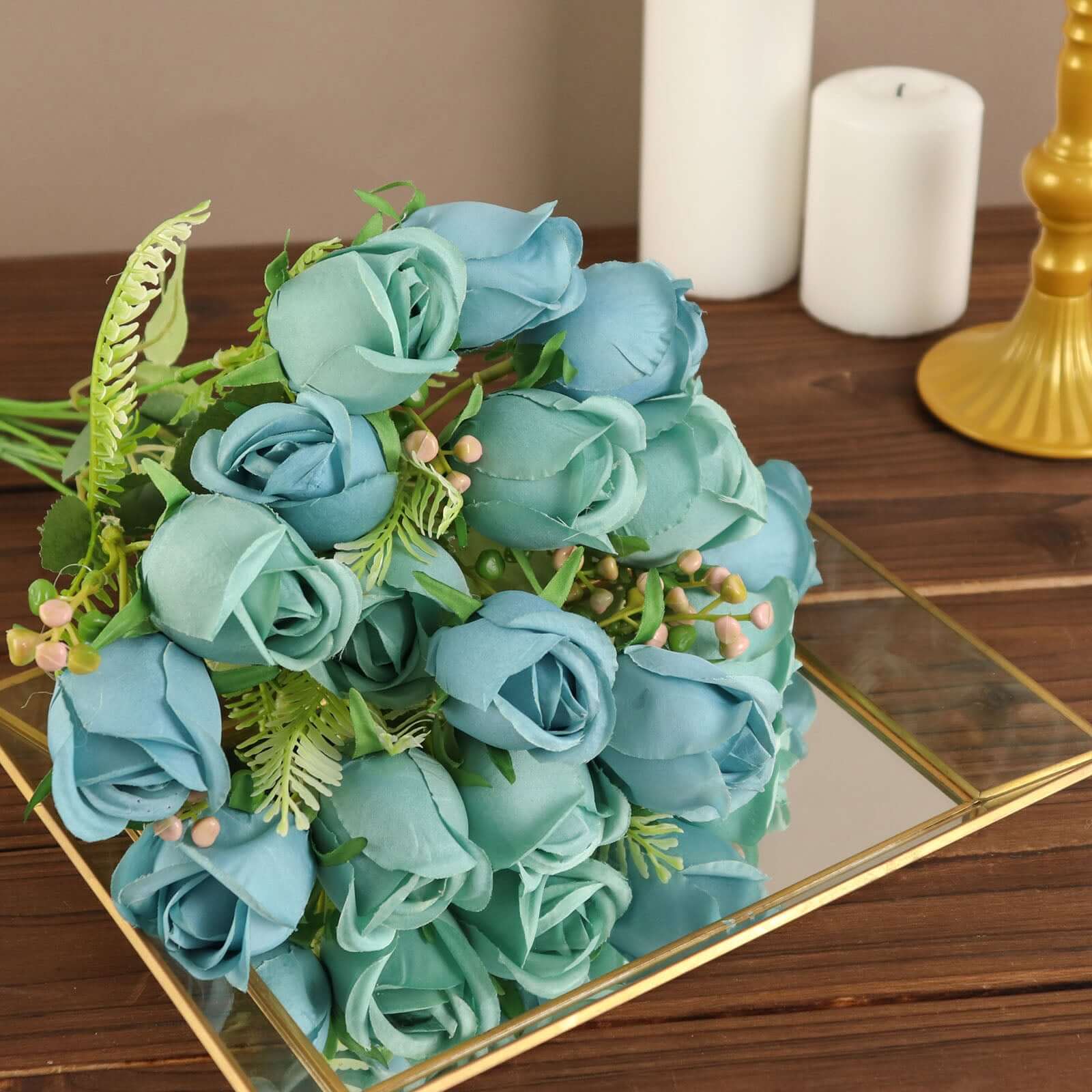 3 Pack 13" Dusty Blue Real Touch Silk Rose Bud Flower Bridal Bouquets, Artificial Floral Bush Arrangements