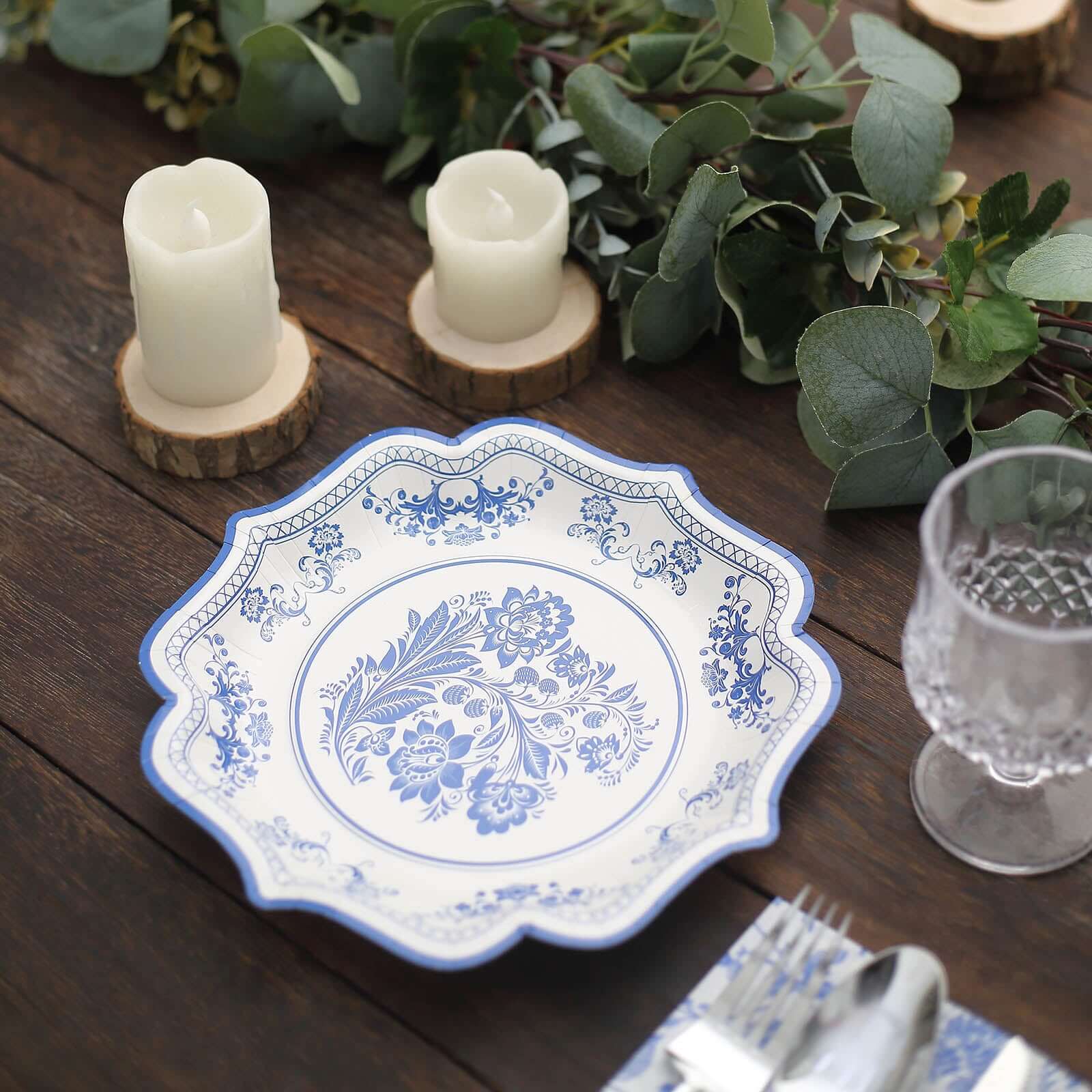 25-Pack Paper Dessert Plates in White with Light Blue Damask Floral Print & Scallop Rim - Stylish Disposable 300GSM Floral Salad Appetizer Plates 8"