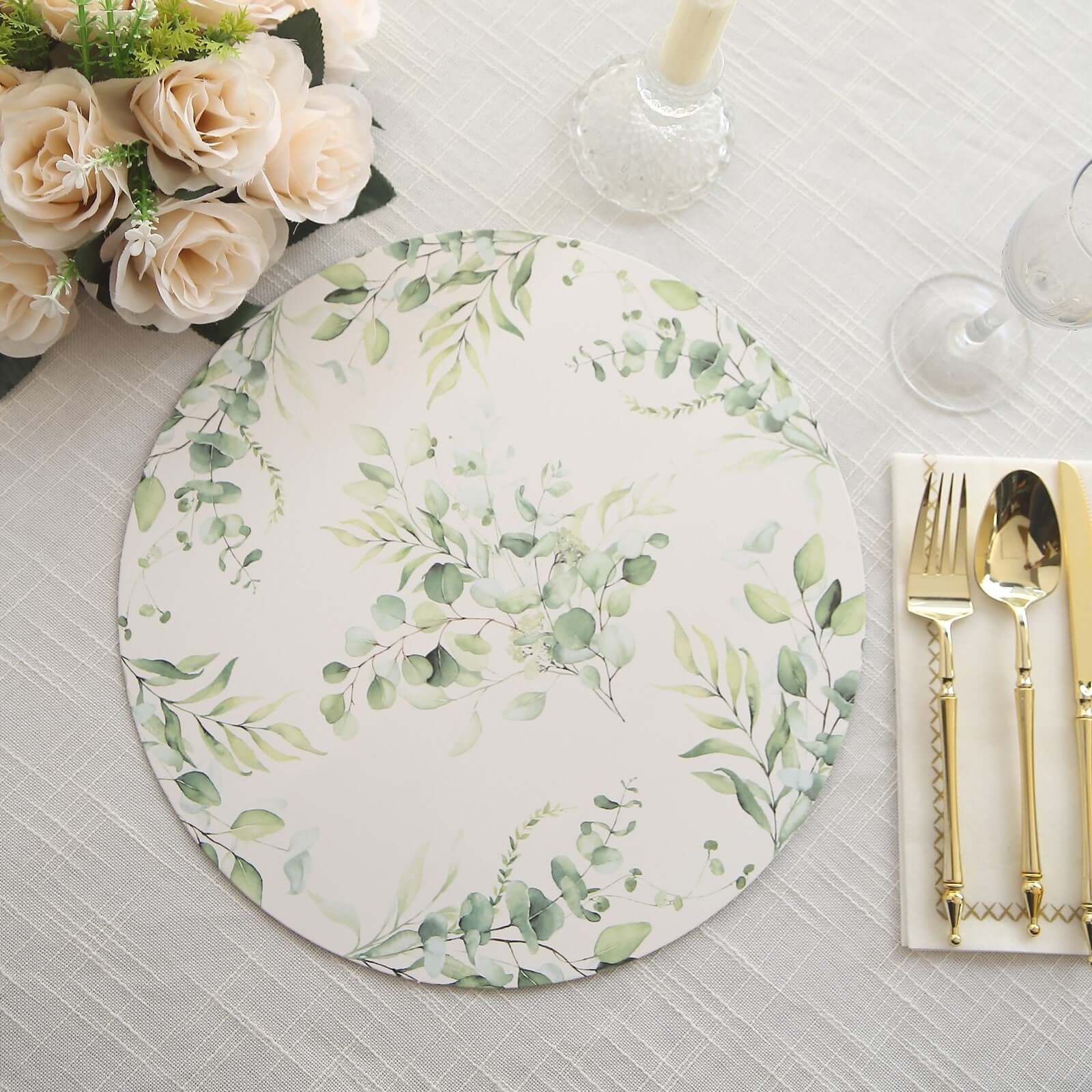 6-Pack Disposable Charger Plates in Eucalyptus Leaves Print 13" in White/Green - 700GSM Floral Paper Chargers for Stylish & Easy Cleanup