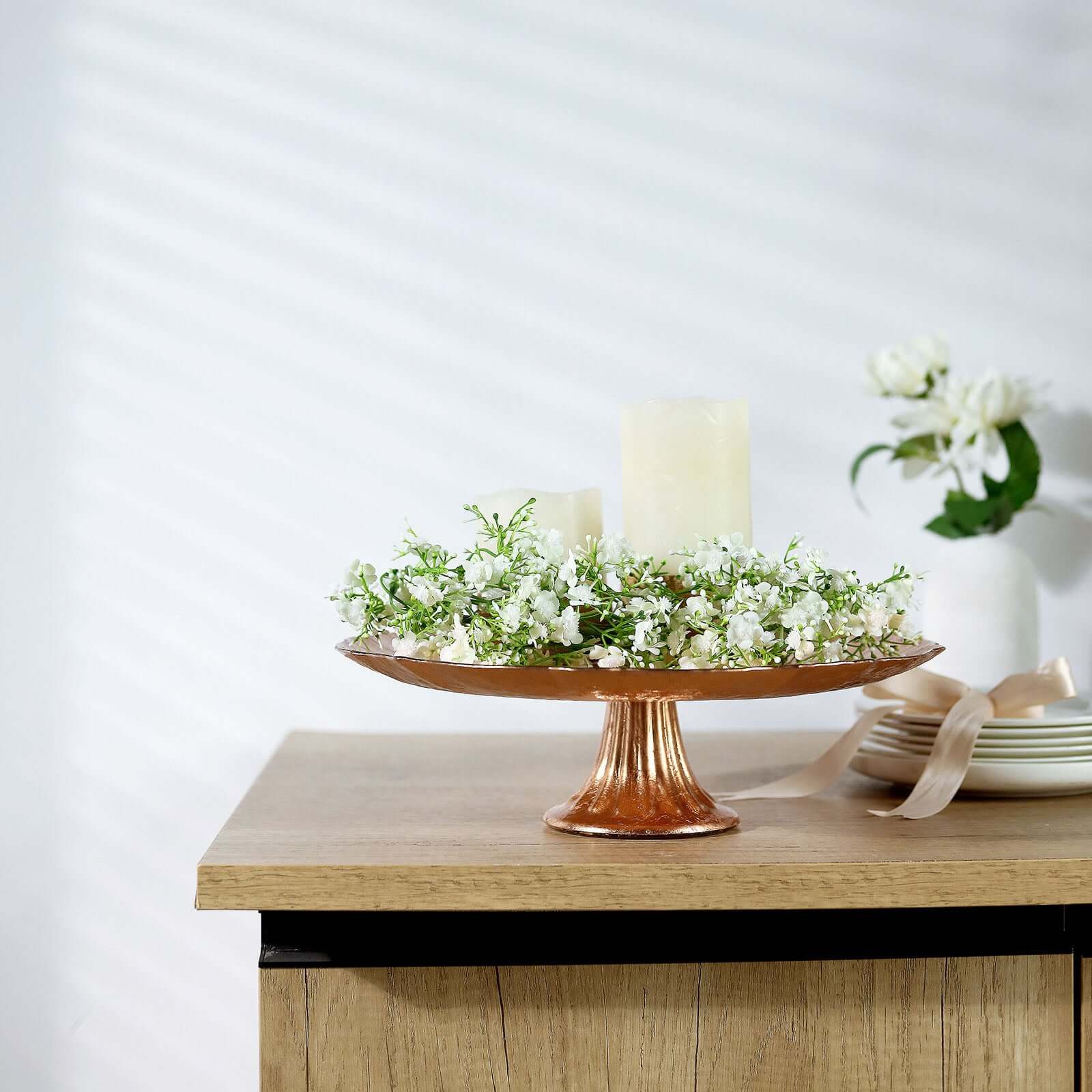 Glass Pedestal Cake Stand Scalloped Edge Design Rose Gold - Cupcake Holder and Dessert Display Plate 14"
