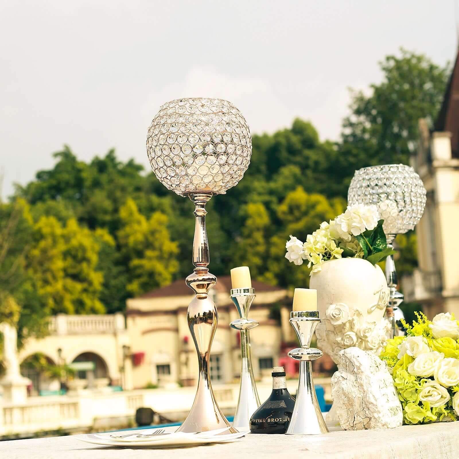 Acrylic Crystal Beaded Goblet Candle Holder Gold - Exquisite Flower Ball Centerpiece Stand for High-End Event Styling 30"