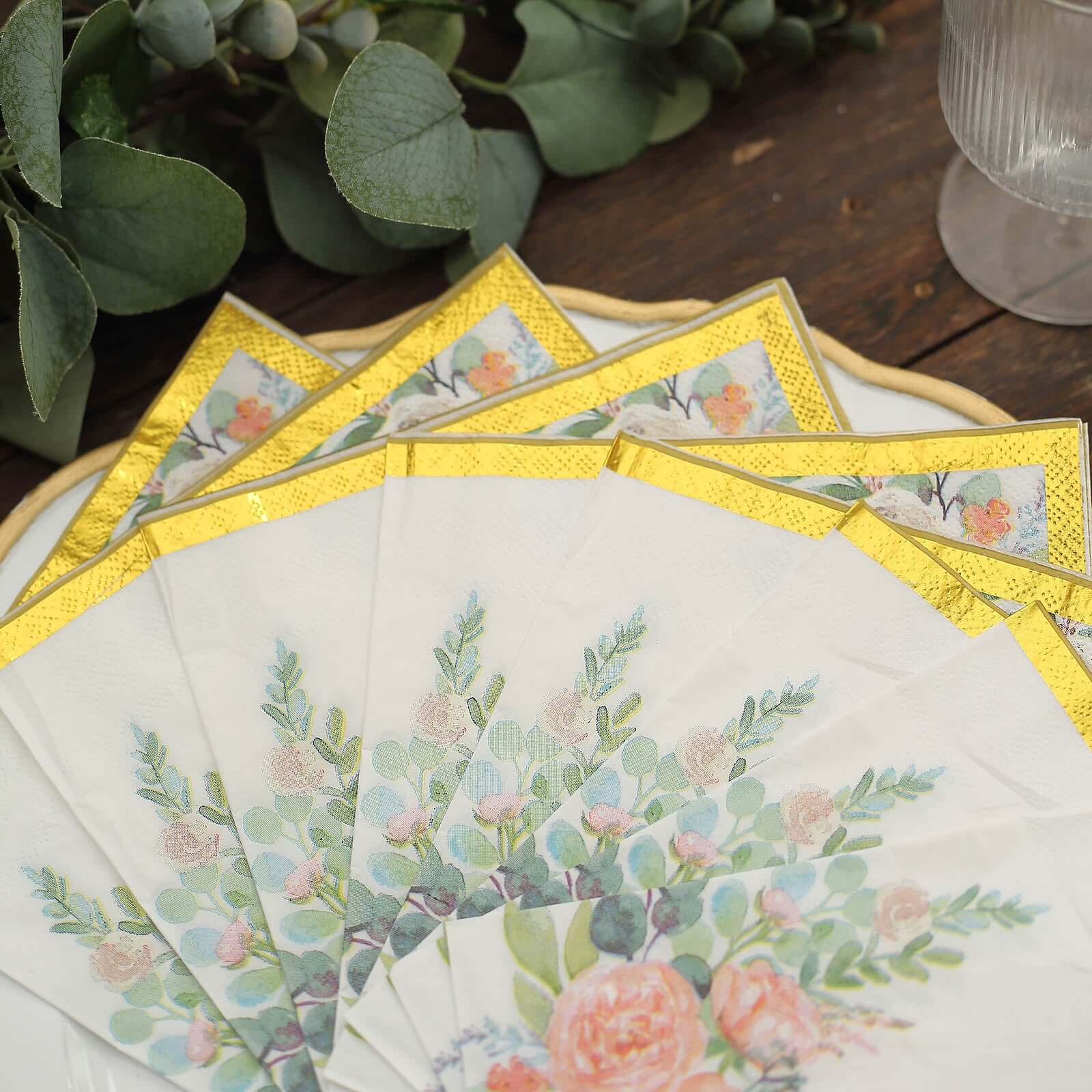 20-Pack Paper Cocktail Napkins with Pink Peony Floral Design and Gold Trim White - 2 Ply Wedding Beverage Napkins 18GSM