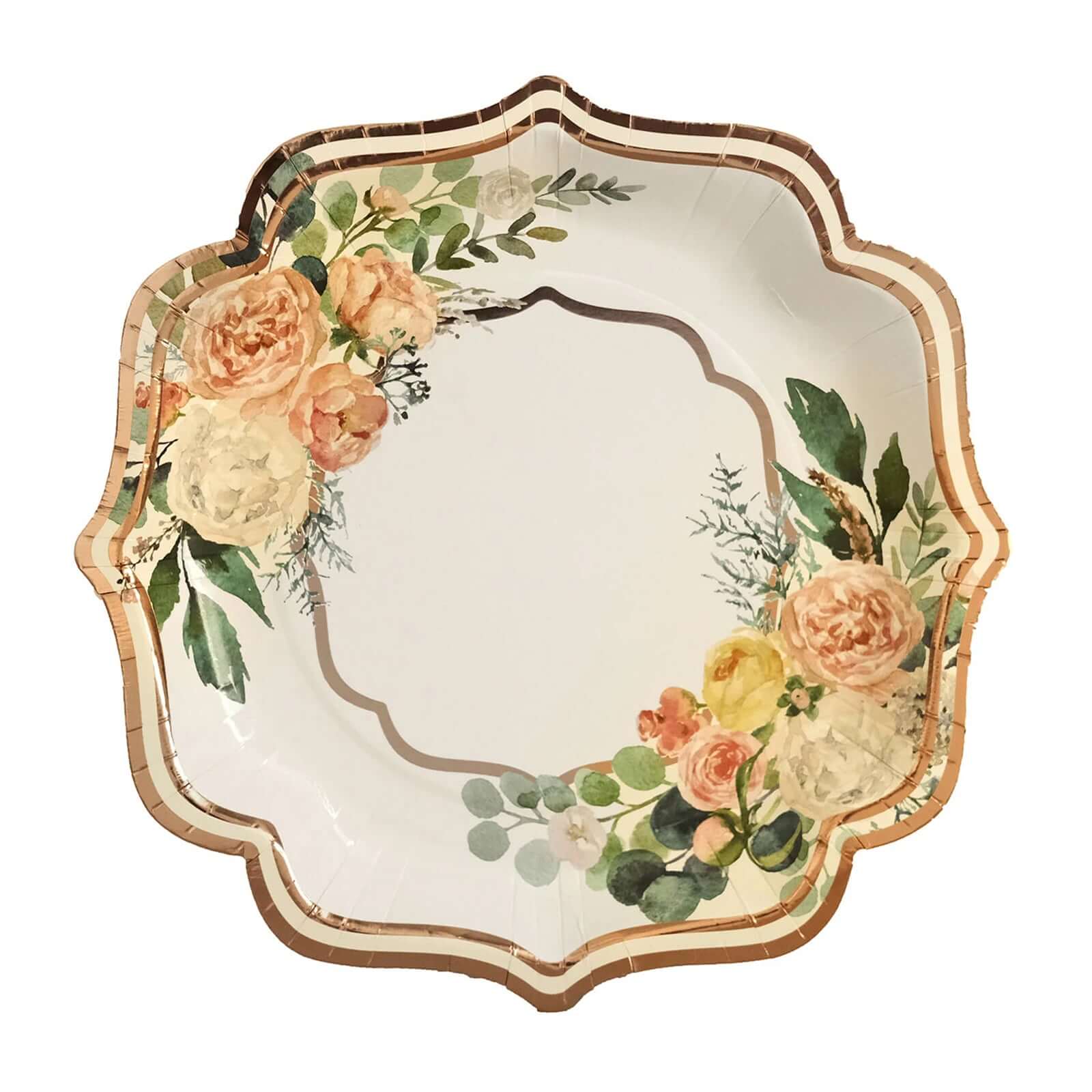 25-Pack Paper 10" Dinner Plates in White with Floral Print & Rose Gold Scallop Rim - Disposable 300GSM Party Plates