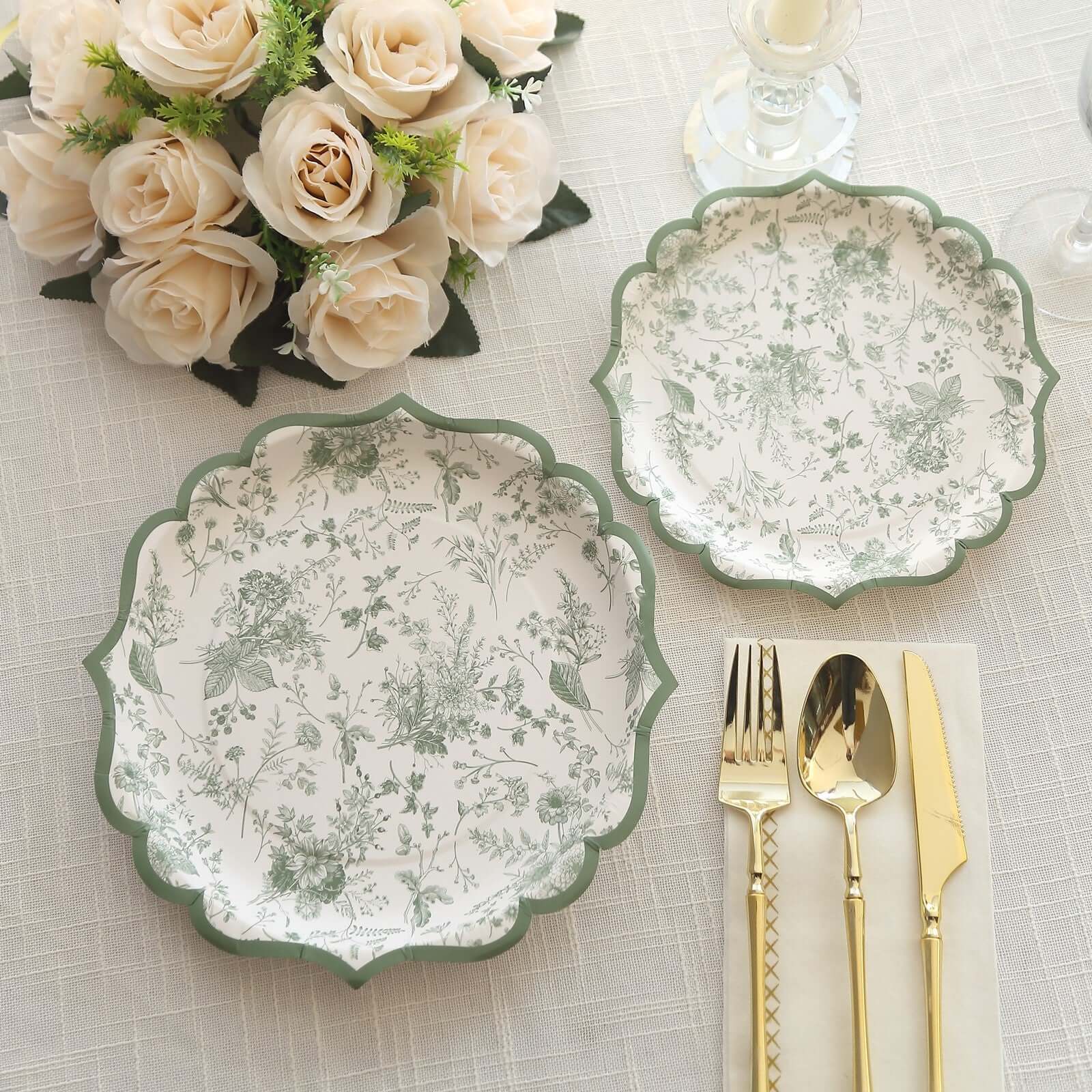 25-Pack Paper 10" Round Dinner Plates in White with Sage Green French Toile Design & Scalloped Rim - Disposable 300GSM Party Plates for Classy Events & Special Occasions
