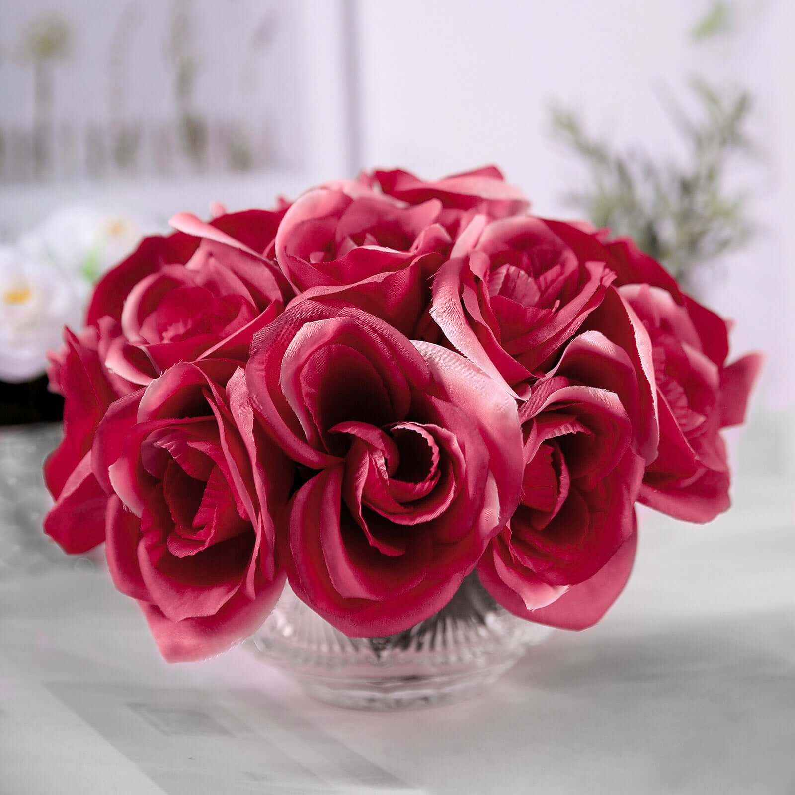12" Fuchsia Artificial Velvet-Like Fabric Rose Flower Bouquet Bush