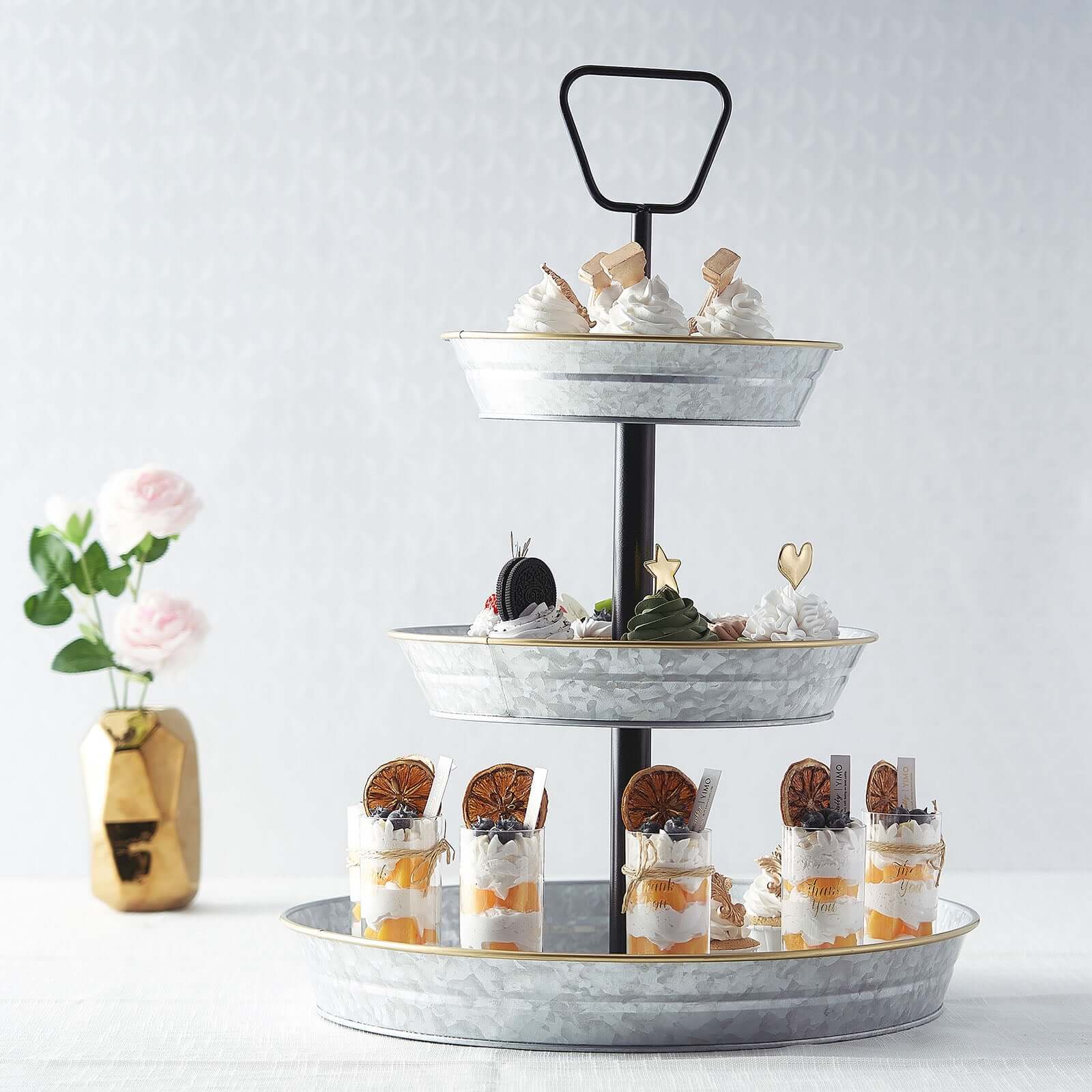 3-Tier Galvanized Metal Cupcake Stand 20" Silver - Sturdy Dessert Serving Tray Platter for Rustic Themed Weddings Backyard Parties & Holiday Spreads