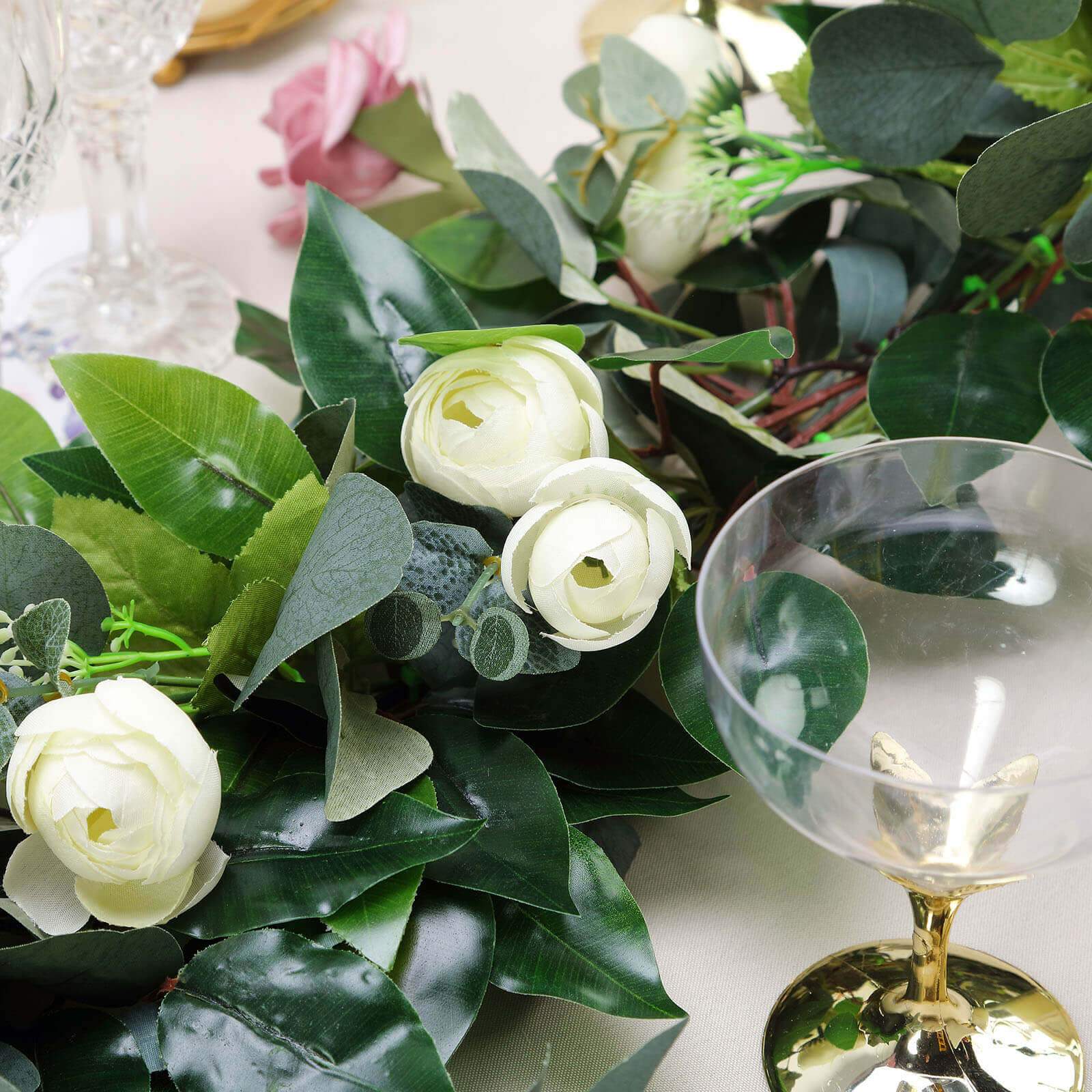 40" Artificial Eucalyptus Willow Leaf Ranunculus Flower Garland Vine