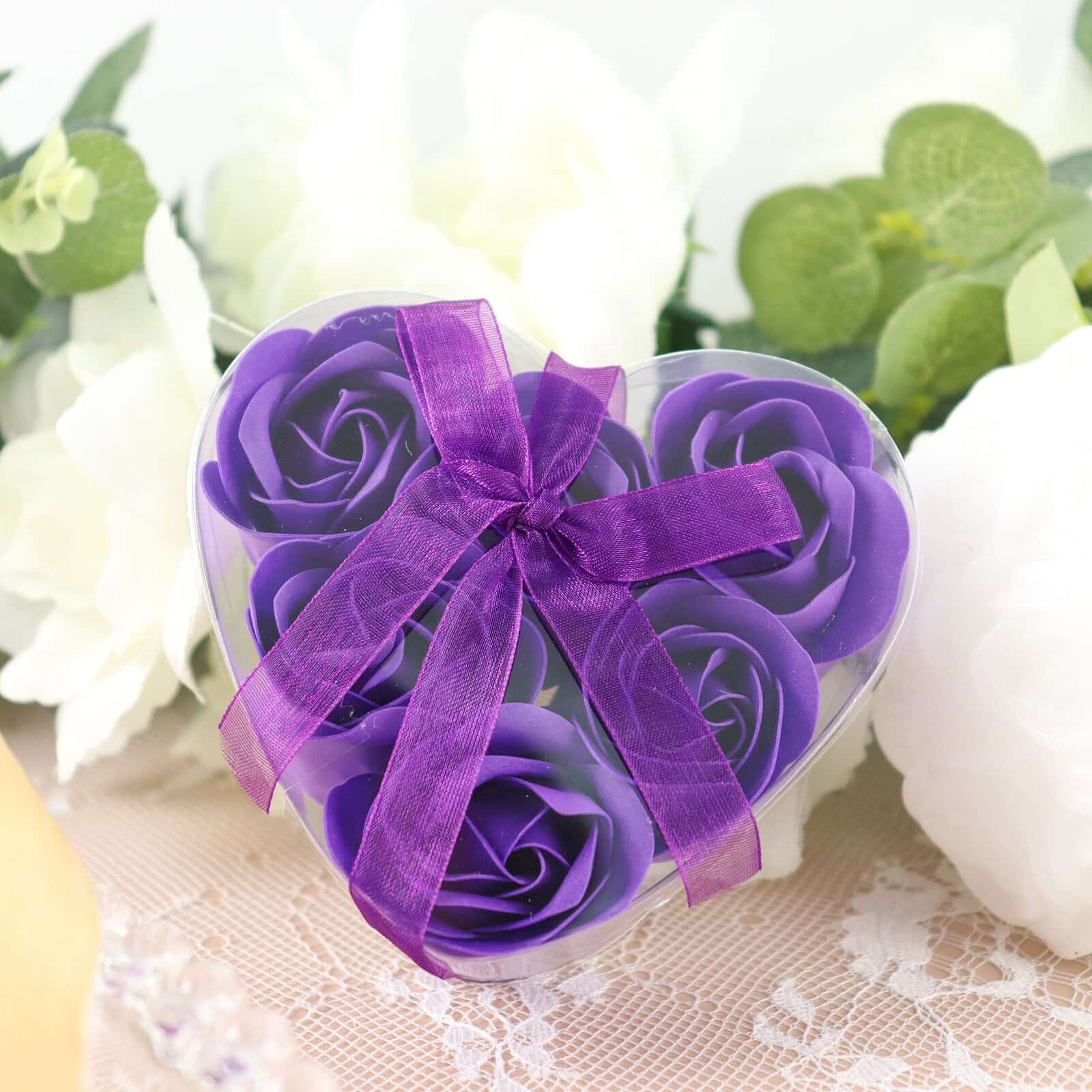 4 Pack 24 Pcs Purple Scented Rose Soap Heart Shaped Party Favors With Gift Boxes And Ribbon