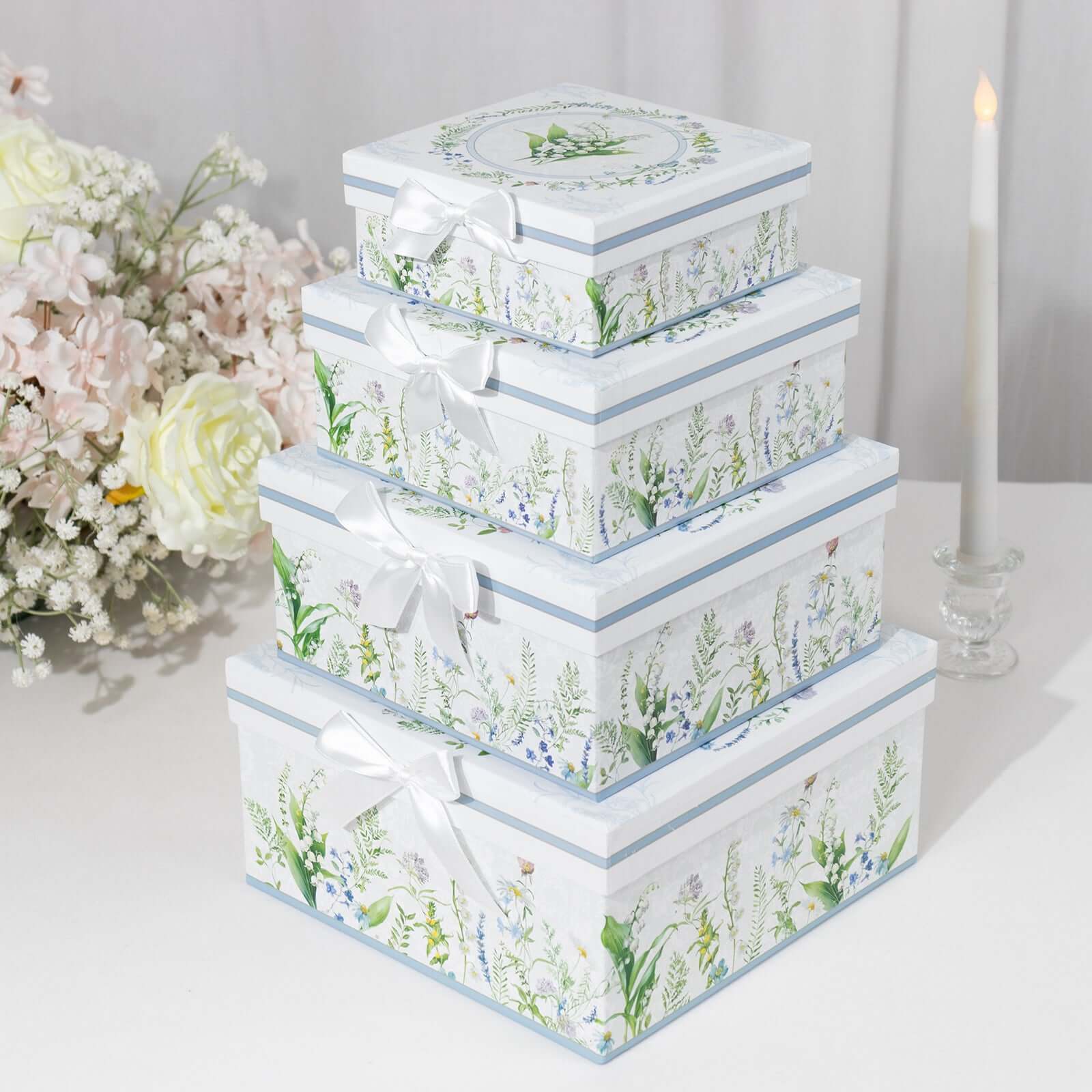 Set of 4 Cardstock Round Nesting Gift Boxes White Green Floral Design - Decorative Heavy Duty Stackable Keepsake Boxes With Lids for Presents Storage & Pedestal Stand 5",7",8",9"