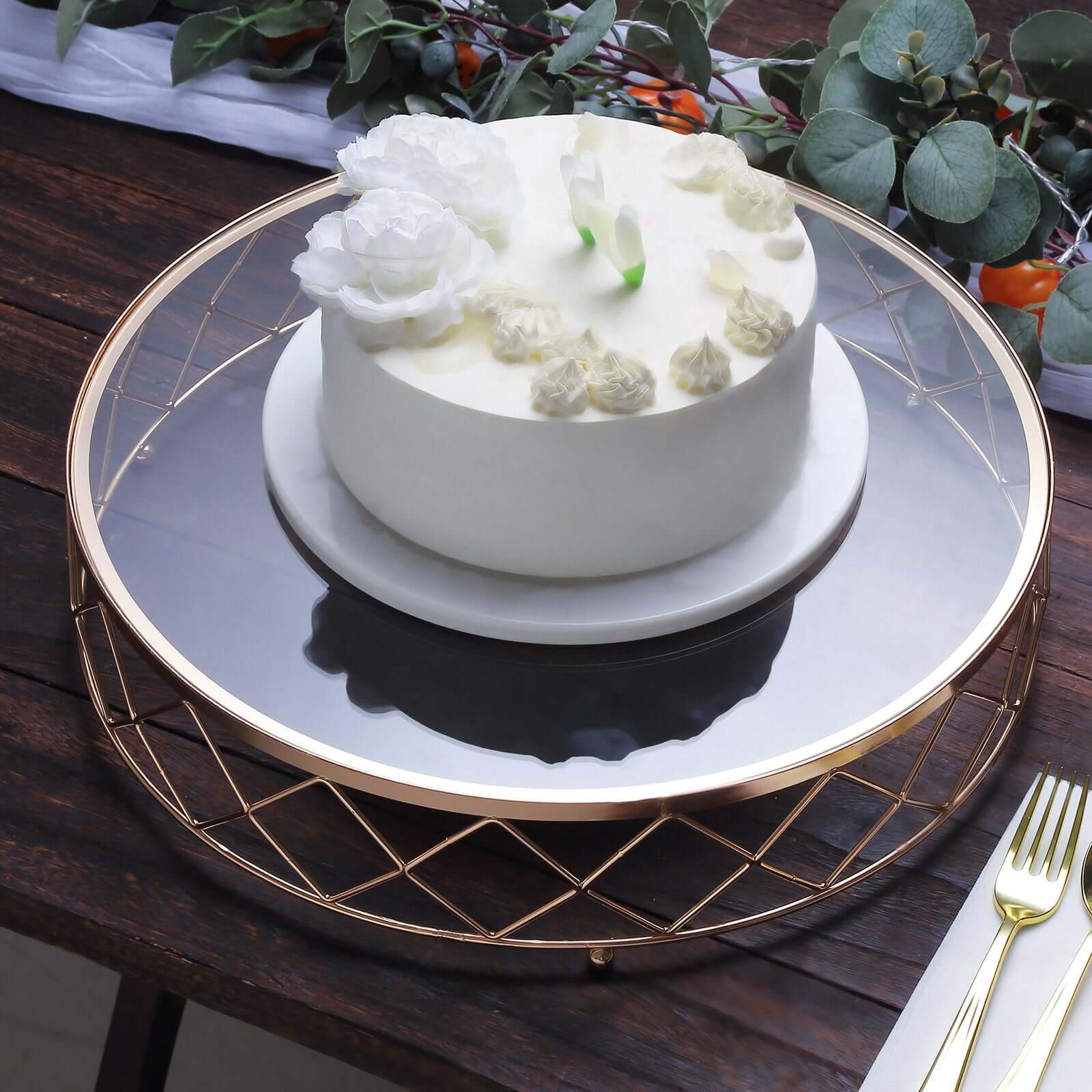Metal Cake Stand Geometric Diamond Cut Design Gold with Glass Top - Dessert Display Riser 14"