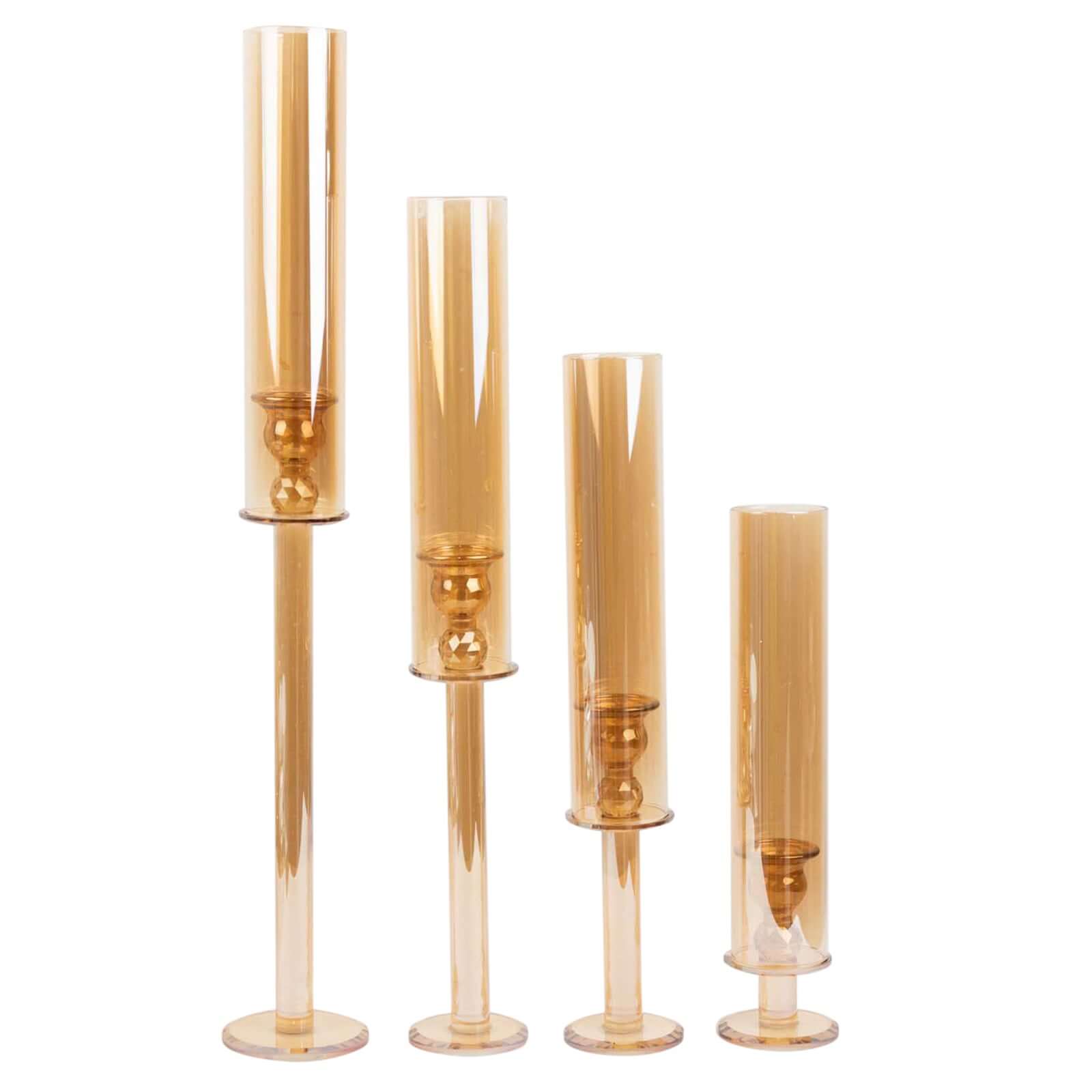 Set of 4 Crystal Glass Hurricane Taper Candle Holders, Decorative Tall Candle Stands Gold Cylinder Chimney Tubes 14", 18", 22", 26"