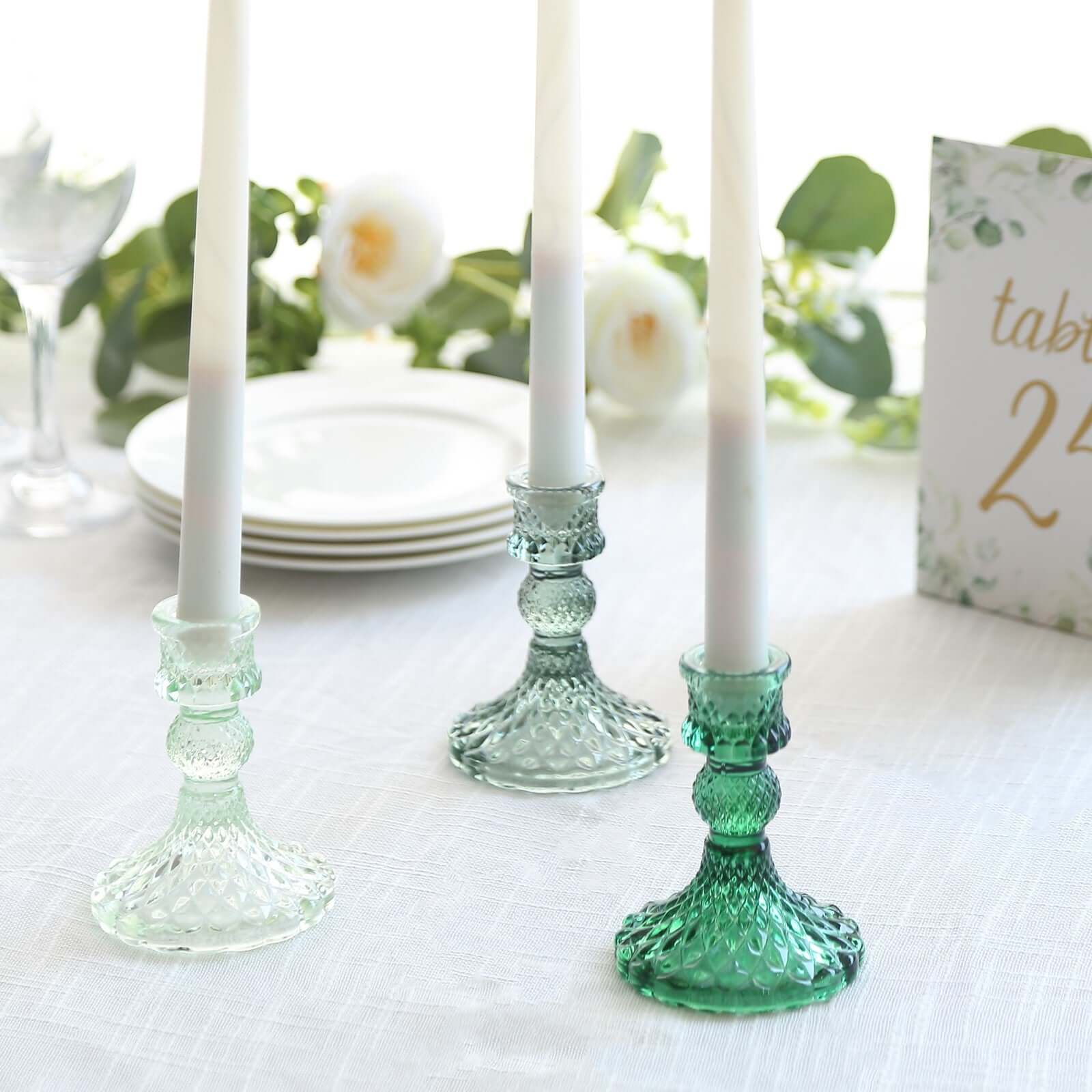 6-Pack Glass Taper Candlestick Holders Diamond Pattern Design Assorted Green - Reversible Crystal Pillar Votive Stands 4"