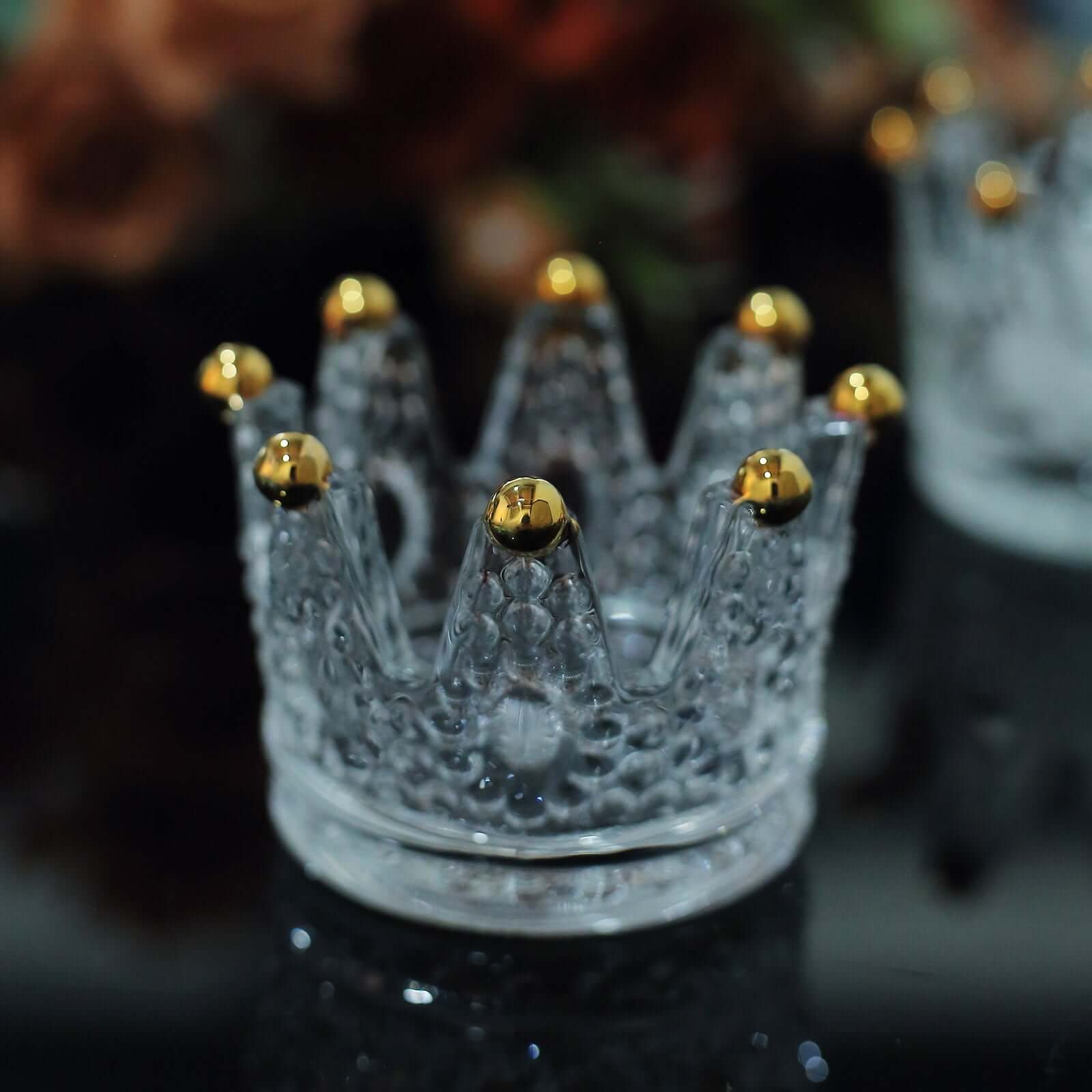 6-Pack Glass Crown Votive Candle Holders Clear Crystal Design with Gold Beaded Tips - Tea Light Holders 3"x2"