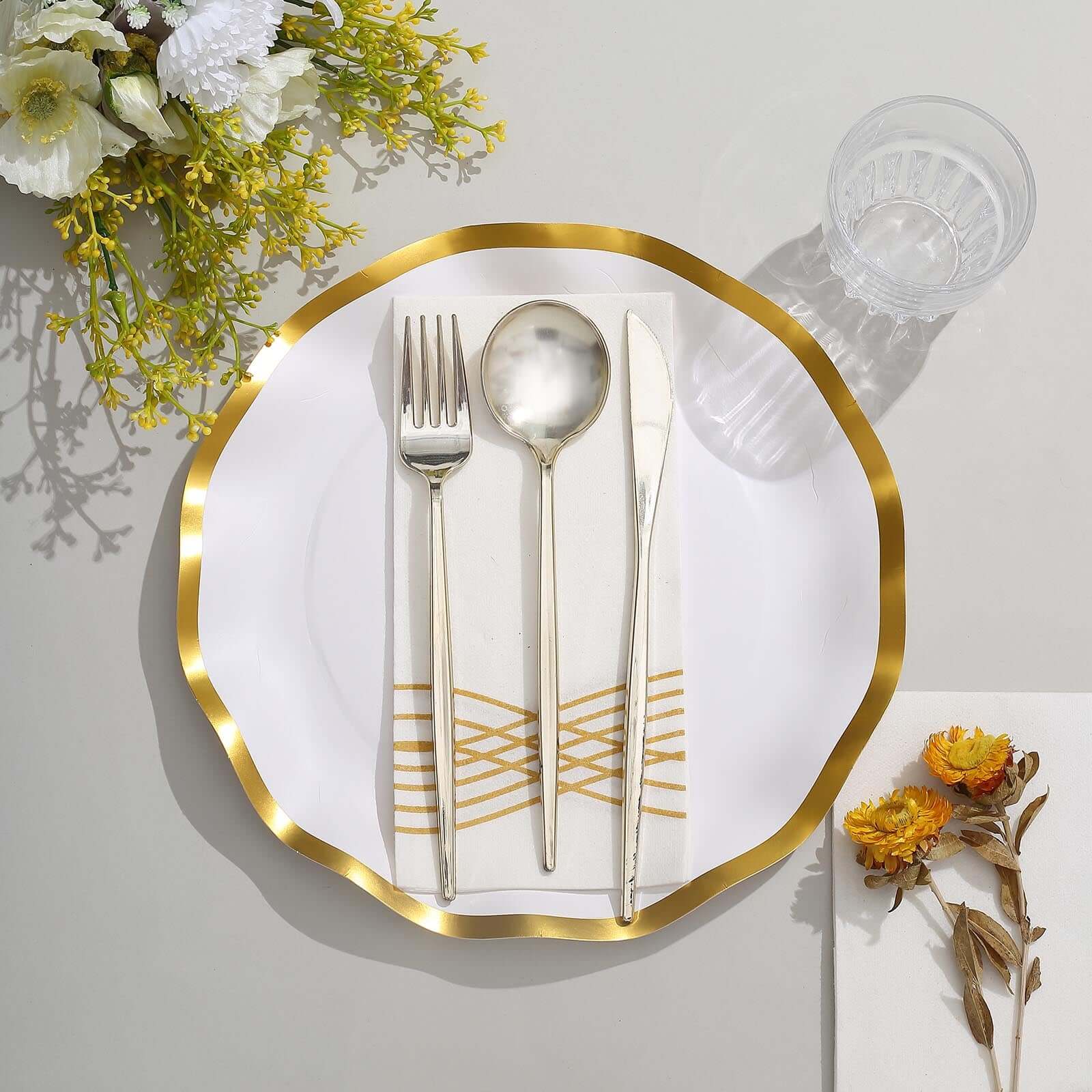 25-Pack Paper Round Dinner Plates 10" Matte White with Gold Wavy Rim - Disposable 350GSM Party Plates for Banquets & Upscale Gatherings