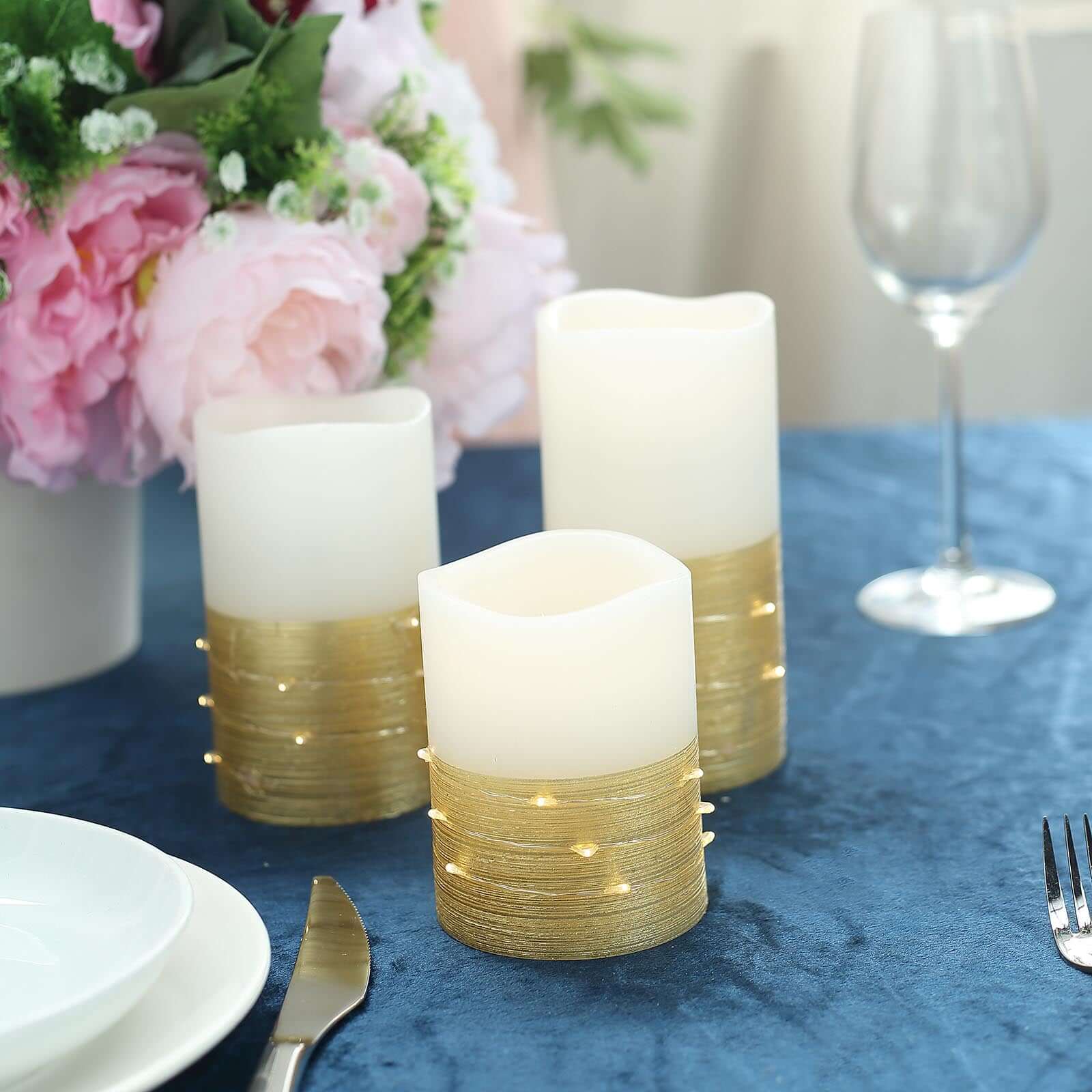 Set of 3 LED Flameless Pillar Candles Wrapped with Fairy String Lights Gold - Remote Operated 4", 5", 6"