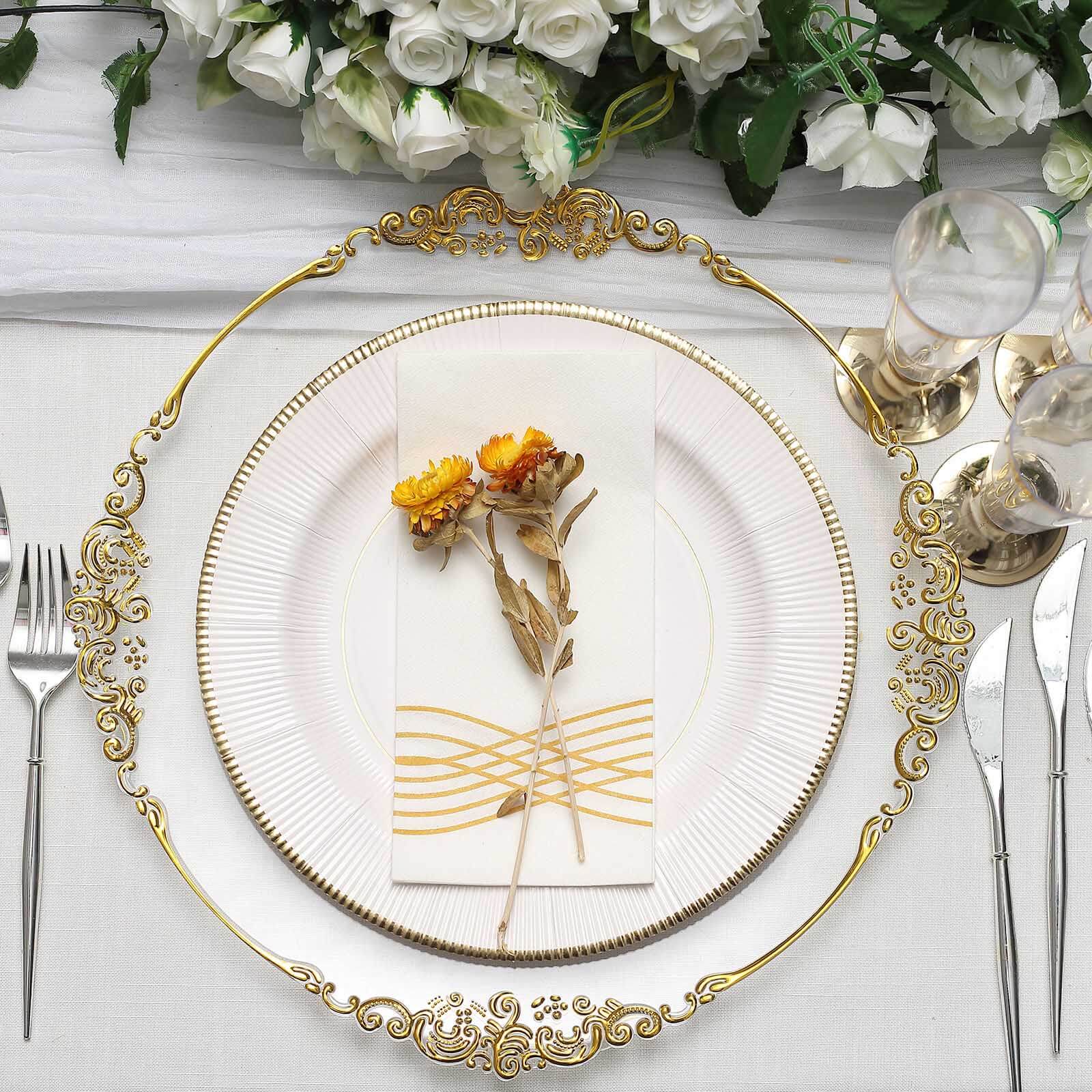 6-Pack Acrylic Round Charger Plates 13" in Clear with Gold Embossed Baroque Rim, Antique Decorative Dinner Party Charger Tableware