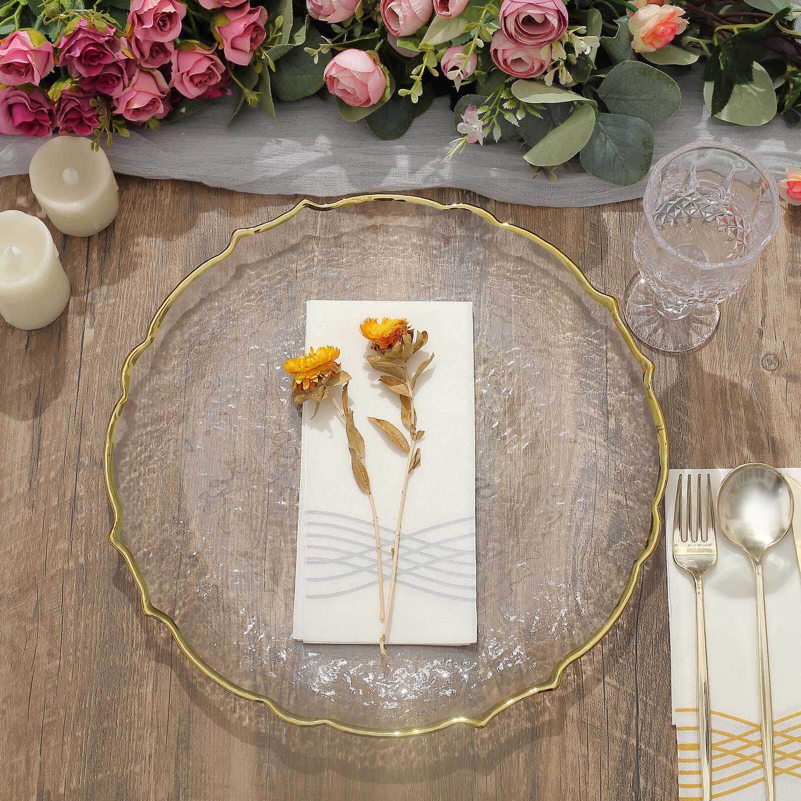 8-Pack Glass Round Charger Plates 13" in Clear with Gold Sunflower Scalloped Rim, Decorative Dinner Chargers
