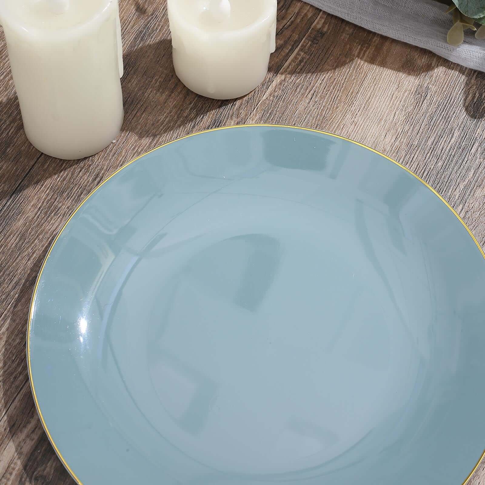 10-Pack Plastic 8" Round Dessert Plates in Dusty Blue with Gold Rim - Glossy Disposable Appetizer Salad Plates