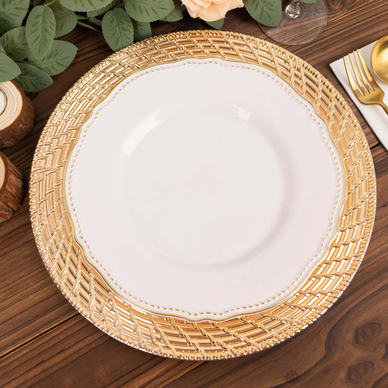6-Pack Acrylic Round Charger Plates 13" in Metallic Gold with Swirl Rattan Pattern, Farmhouse Plastic Charger Tableware