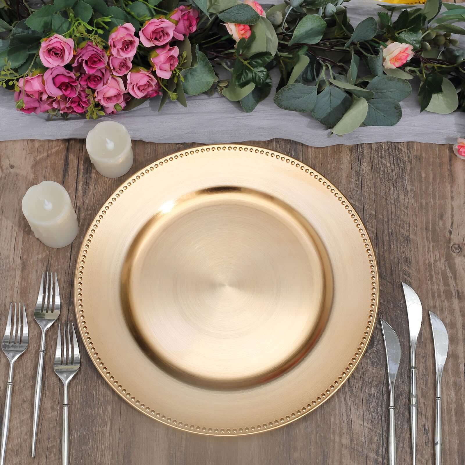 6-Pack Acrylic Round Charger Plates 13" in Gold with Beaded Rim, Dinner Charger Event Tabletop Decor