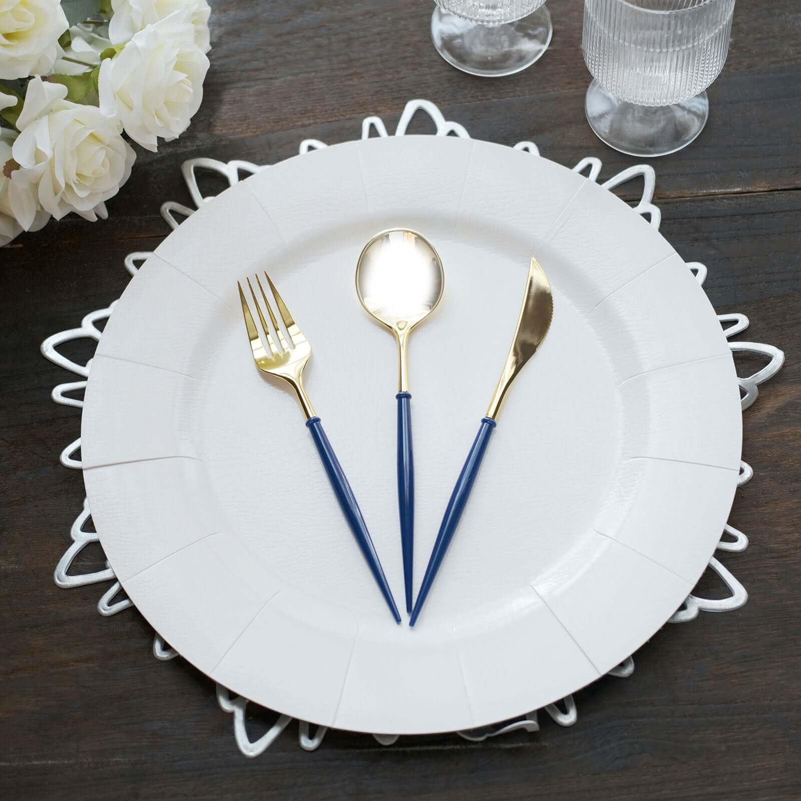 24-Pack Plastic Flatware Set in Metallic Gold with Royal Blue Handle - Heavy Duty Disposable Modern Silverware 8"