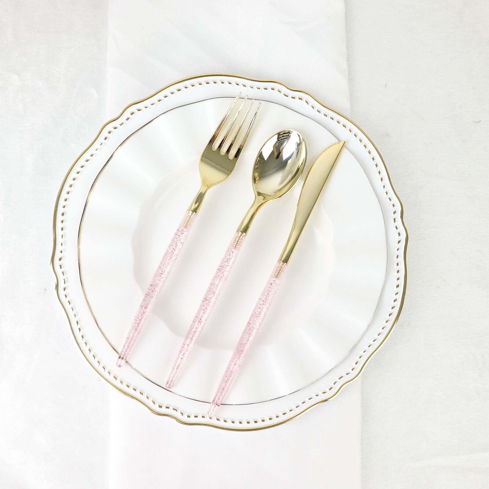 24-Pack Plastic Cutlery Set Metallic Gold with Rose Gold Glitter - Stylish Disposable Silverware-Pack 8"