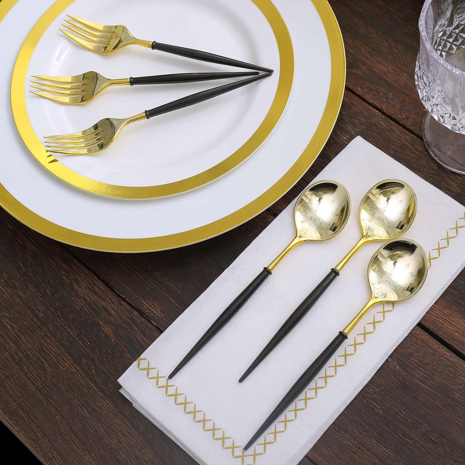 24-Pack Plastic Fork and Spoon Set Gold/Black - Heavy Duty Disposable Modern Utensils 6"
